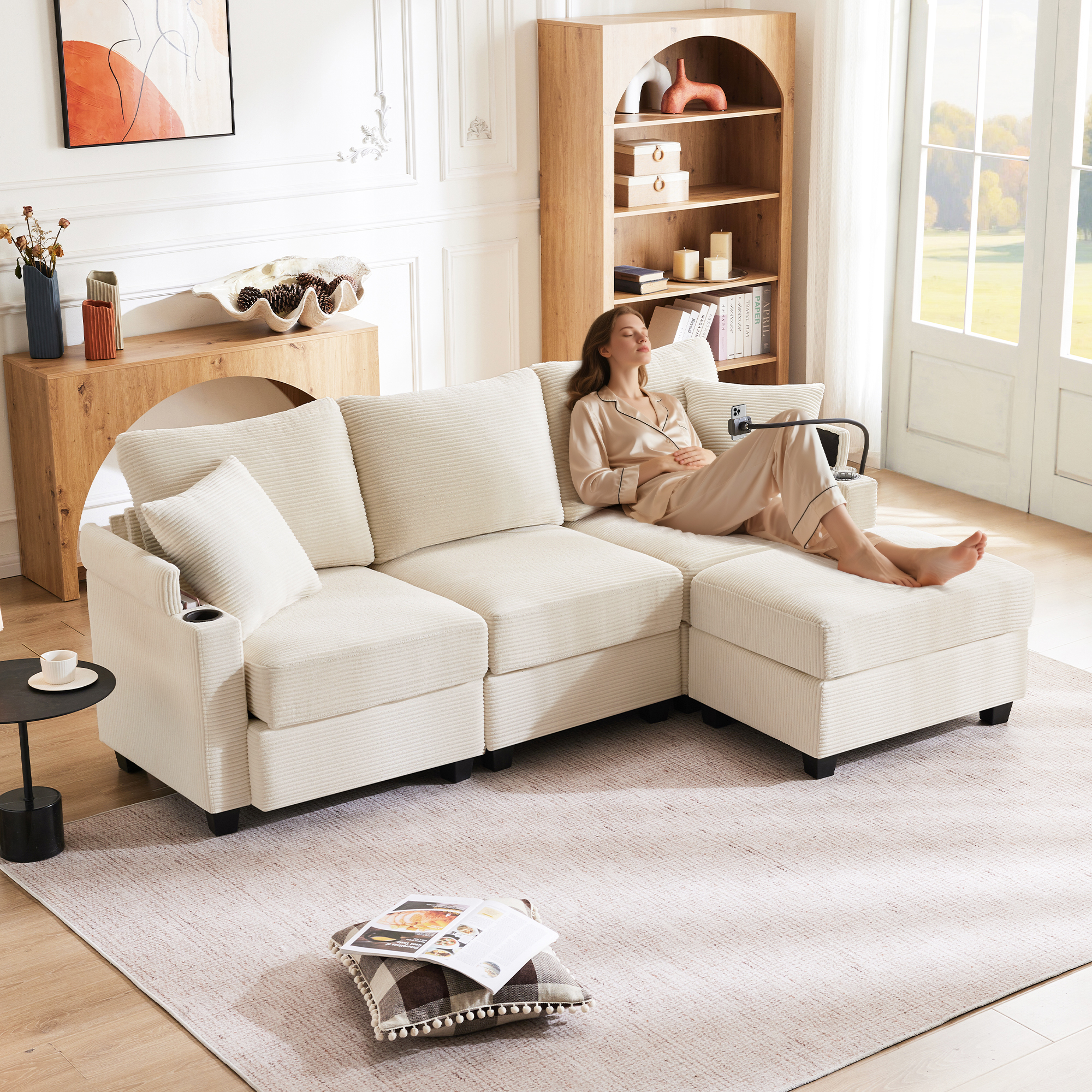 Canapé d'angle 3 places avec pouf, porte-gobelets, USB et rangement dans les accoudoirs