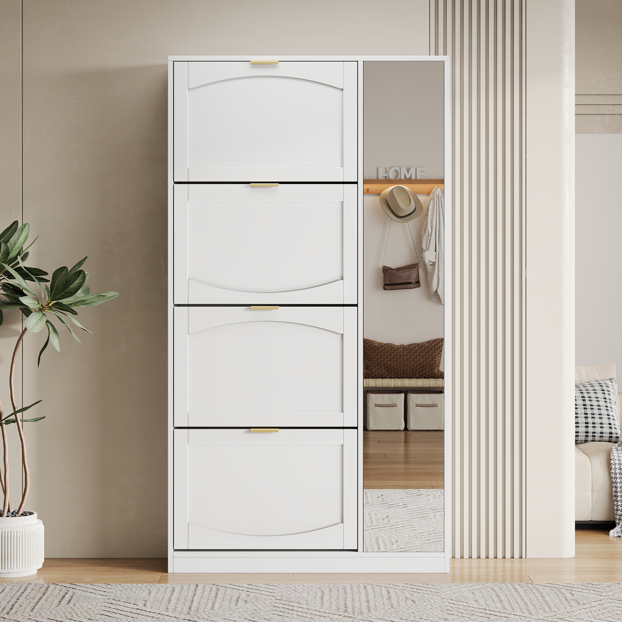 Meuble à chaussures avec miroir 80x24x147 cm, 4 tiroirs coulissants et étagère réglable, rangement entrée moderne blanc