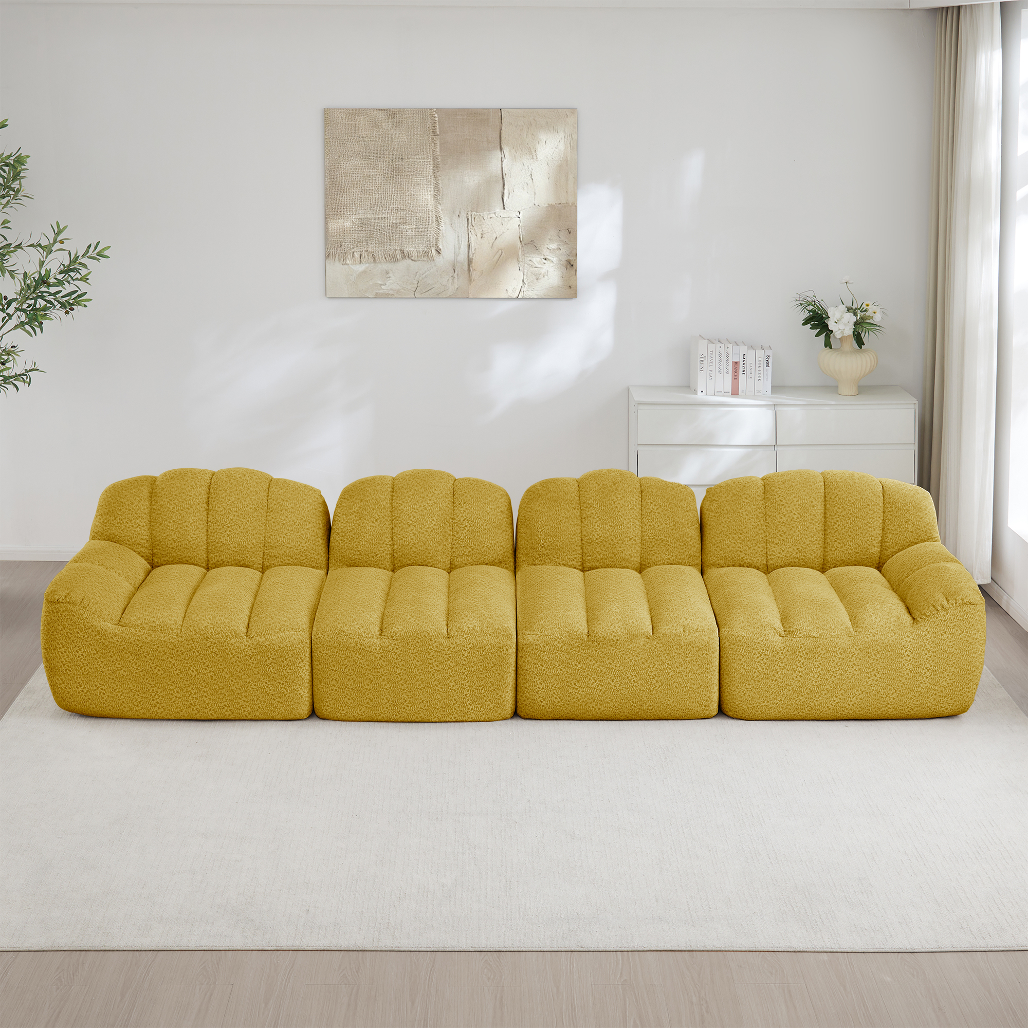 Canapé Modulable 4 Places Jaune Tissu Peluche Design Sans Dossier Avec Rangement Intégré