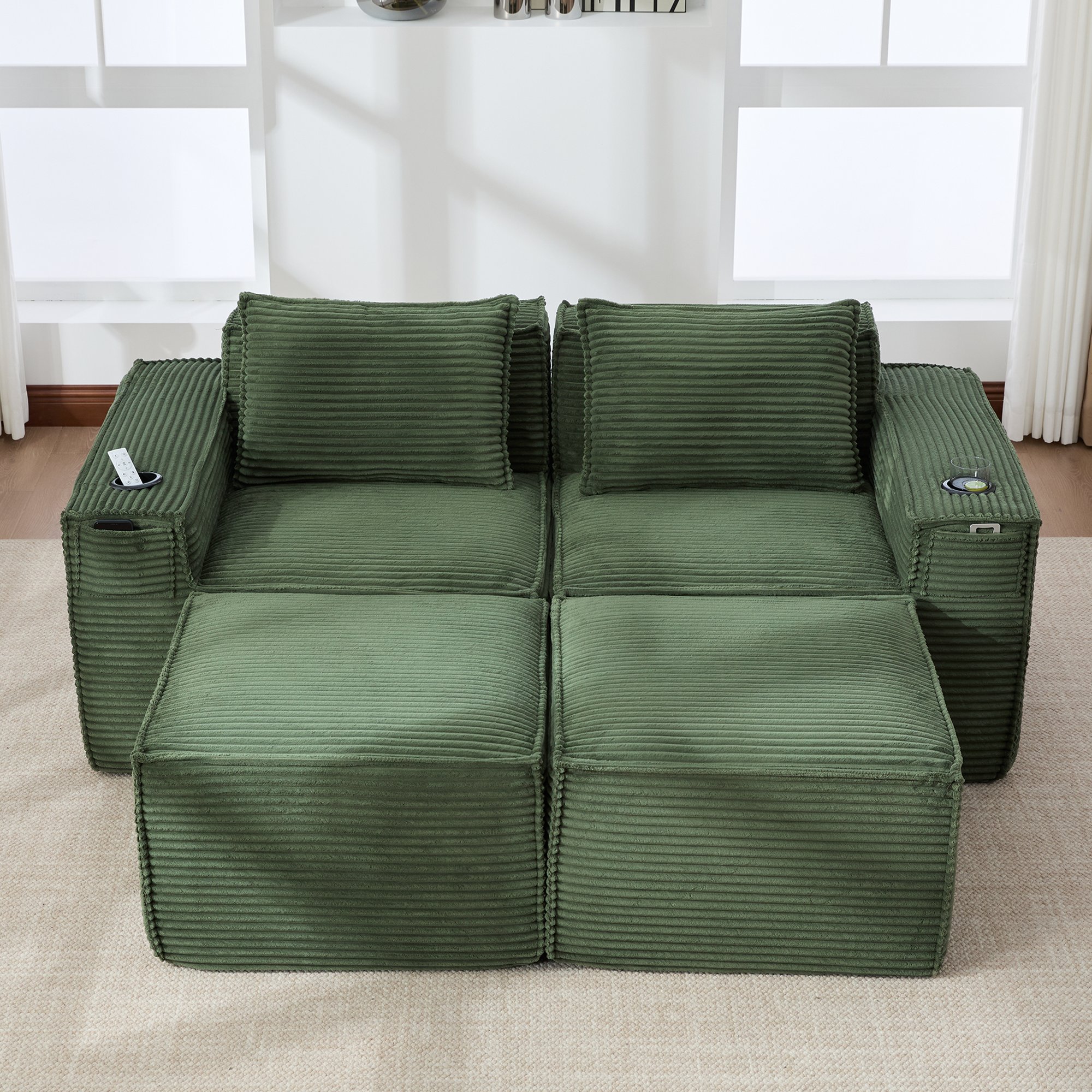 Canapé 2 places modulable vert en velours côtelé avec 2 poufs, porte-gobelets intégrés, poches latérales et coussins dorsaux fermes pour salon