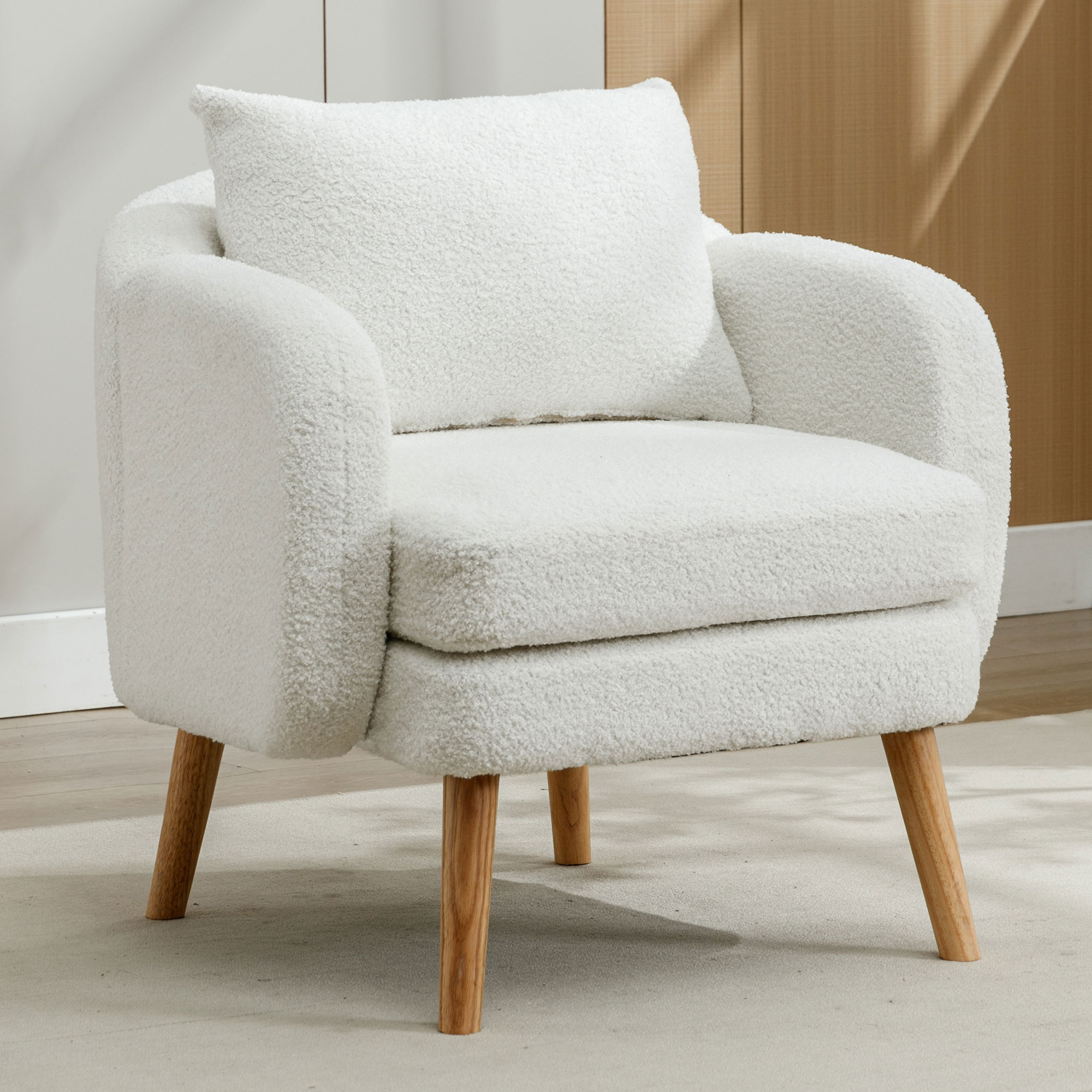 Fauteuil Blanc en Velours Teddy, Assise Rembourrée avec Coussin, Structure Bois Massif et Métal, Design Moderne pour Salon