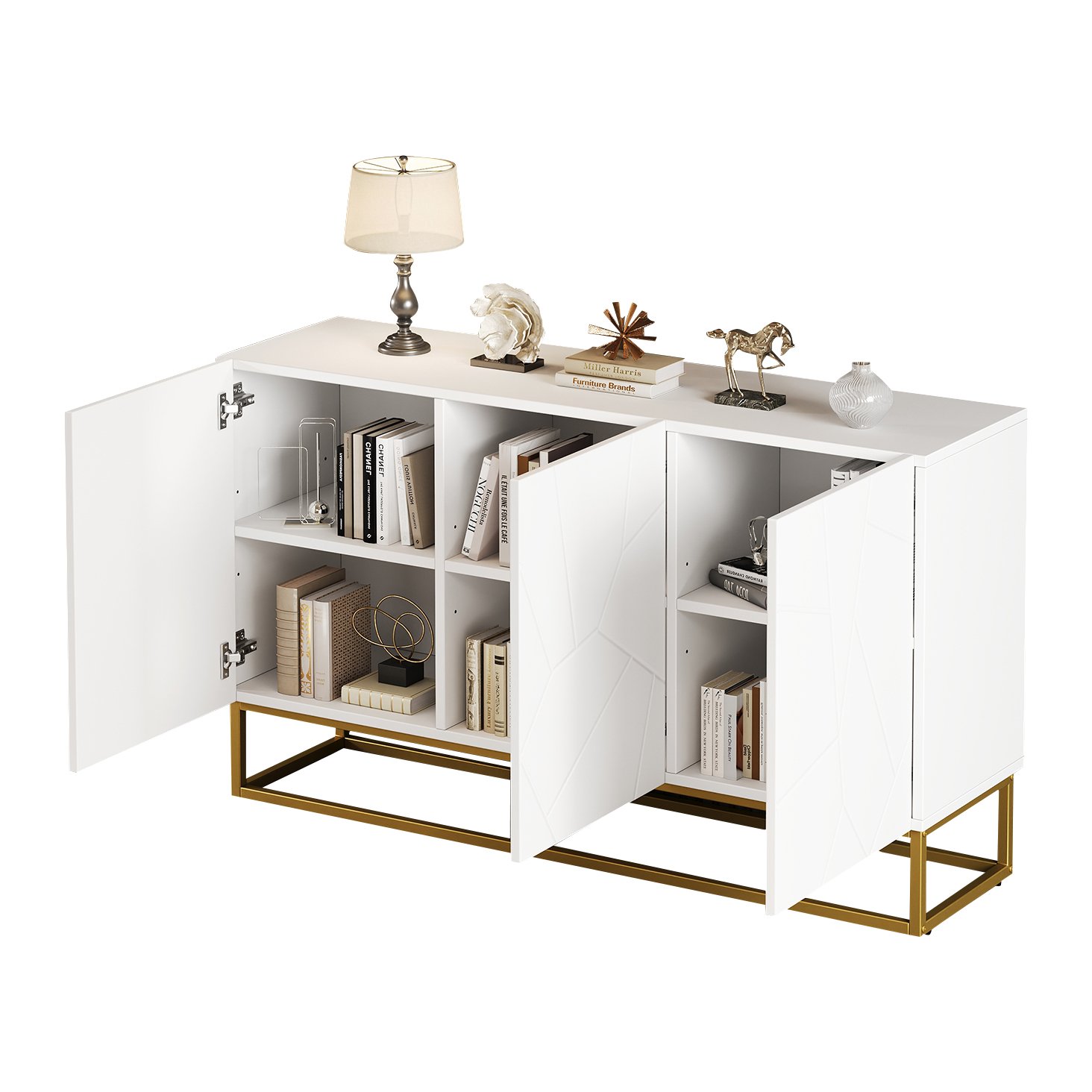 Buffet de cuisine moderne blanc brillant 130 cm, meuble bar avec 3 portes et étagères modulables, design ridé et pieds dorés