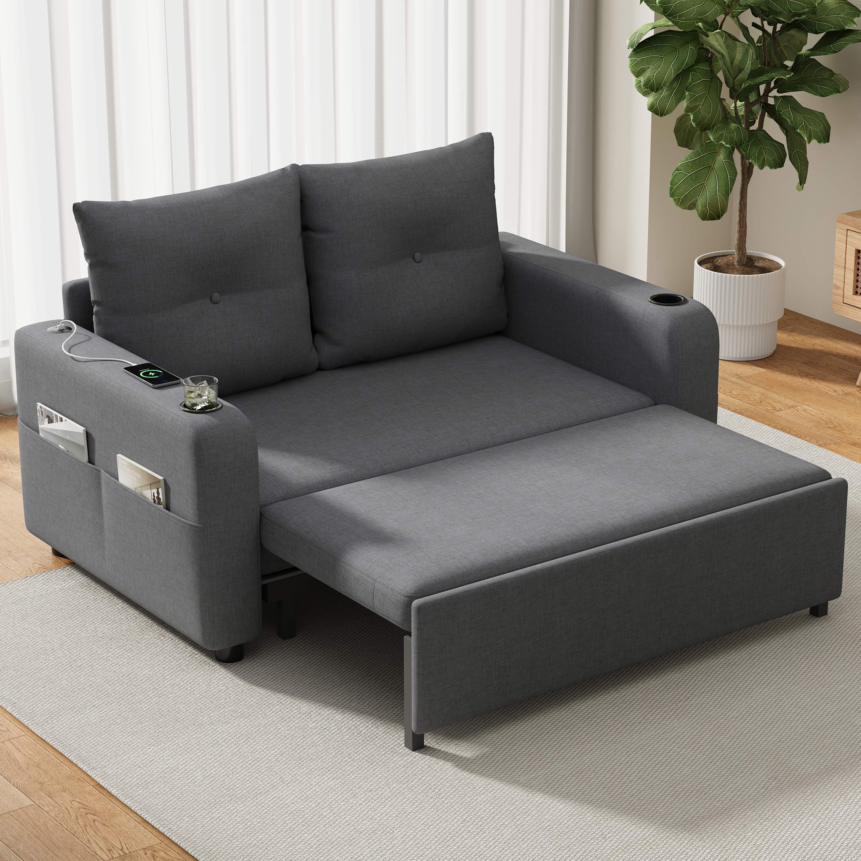 Canapé-lit convertible 2 places en tissu aspect lin gris avec porte-gobelets, ports USB Type-C et poches latérales, design moderne