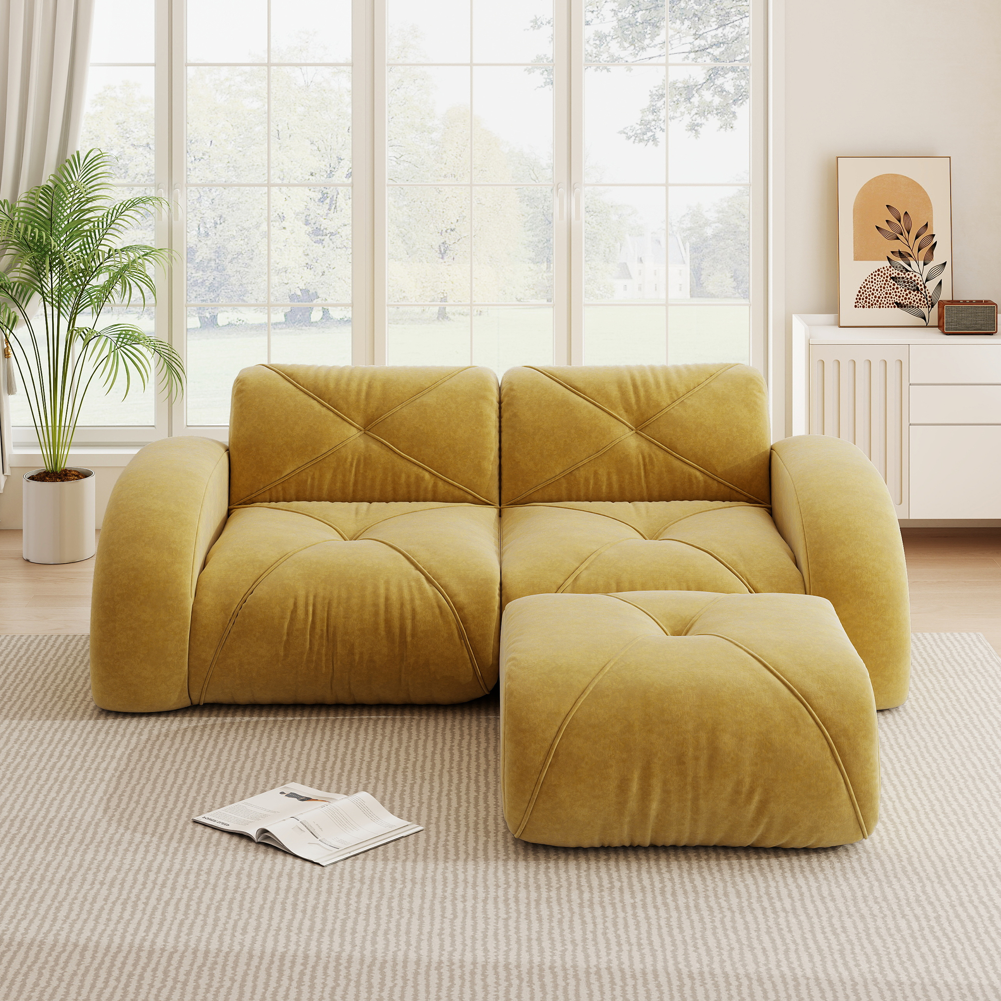 Canapé Modulable 2 Places Avec Pouf, Salon Moderne Sans Dossier En Tissu Chenille Jaune, Confort Doux Pour Pièce Principale