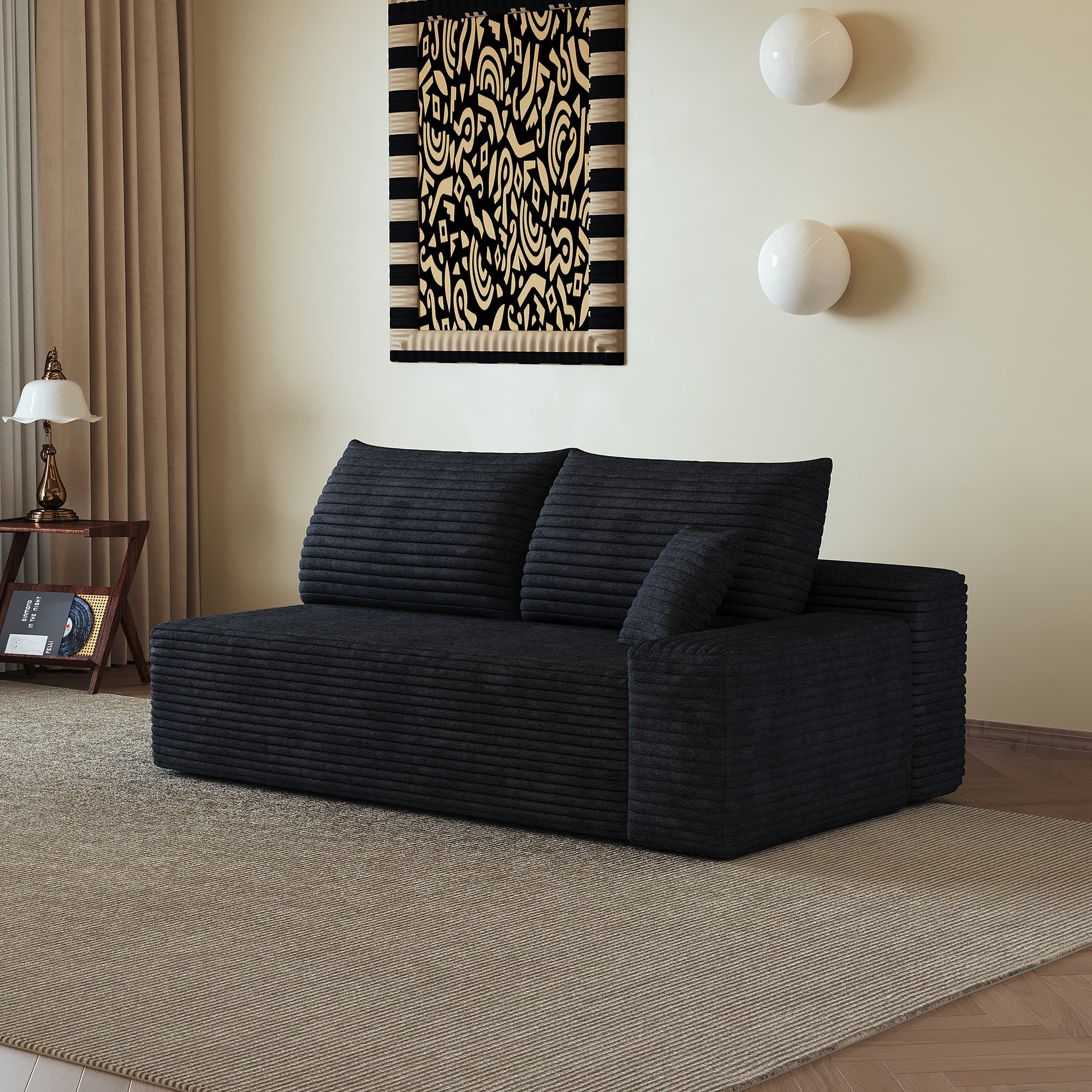 Canapé 2 places en tissu velours côtelé noir, rembourrage épais et confortable, design épuré, largeur 175 cm pour intérieur chic