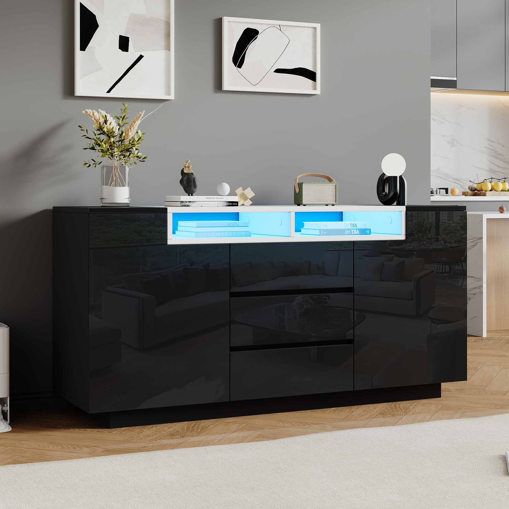 Buffet Noir Haut Brillant 140x40x68 cm, Meuble TV LED USB avec 2 Portes L Forme et 3 Tiroirs, Rangement Salon Contemporain