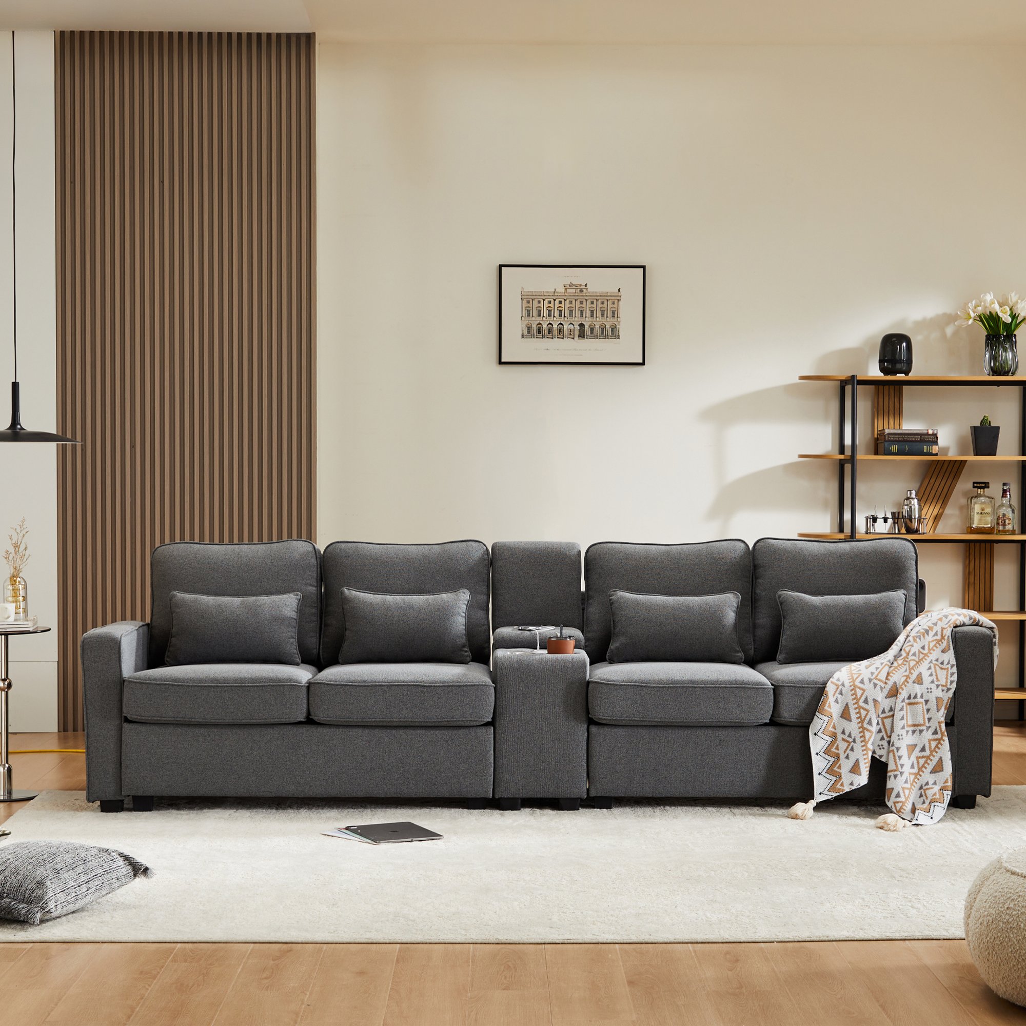 Canapé 4 Places Gris Foncé Aspect Lin avec Console, Porte-Gobelets, Ports USB et Poches de Rangement sur Accoudoirs