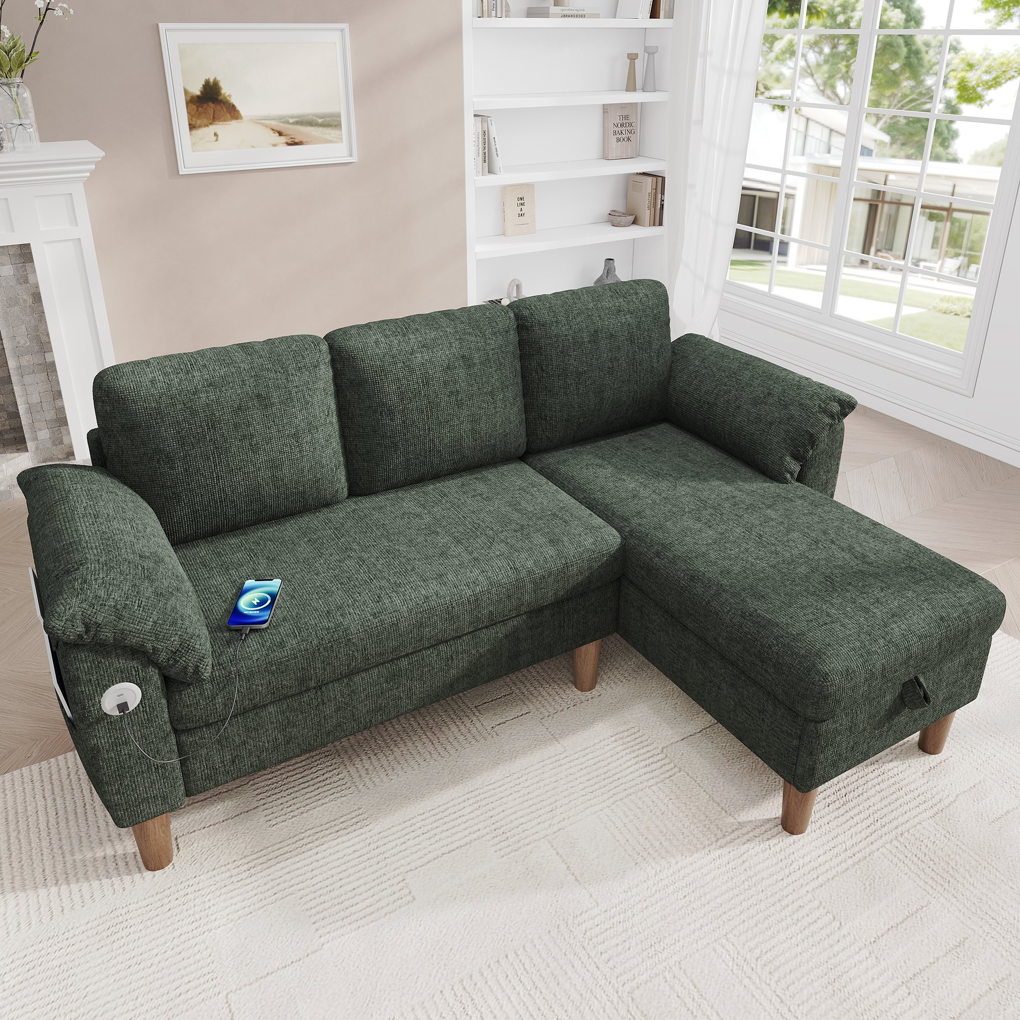 Canapé d'angle 3 places vert en tissu chenille avec chaise longue réversible, rangements intégrés, ports USB et Type-C, dimensions 181x125x88 cm