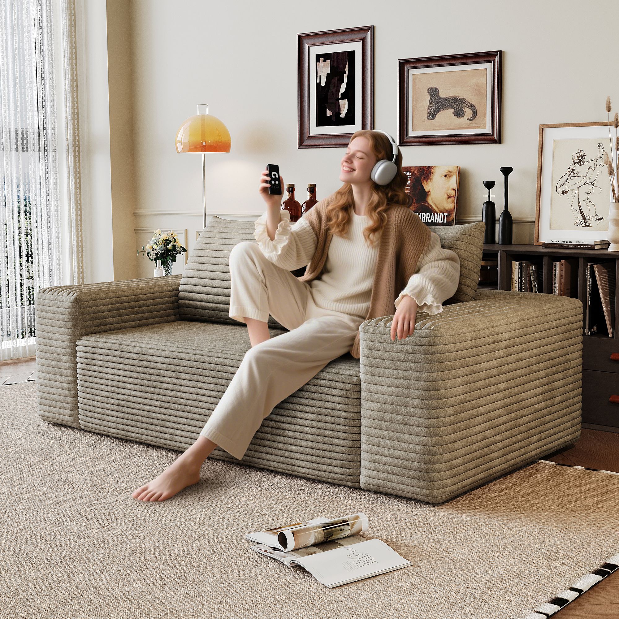 Canapé droit 180x90 cm en velours côtelé camel avec assise profonde, rembourrage mousse et structure modulaire sans montage pour salon ou chambre