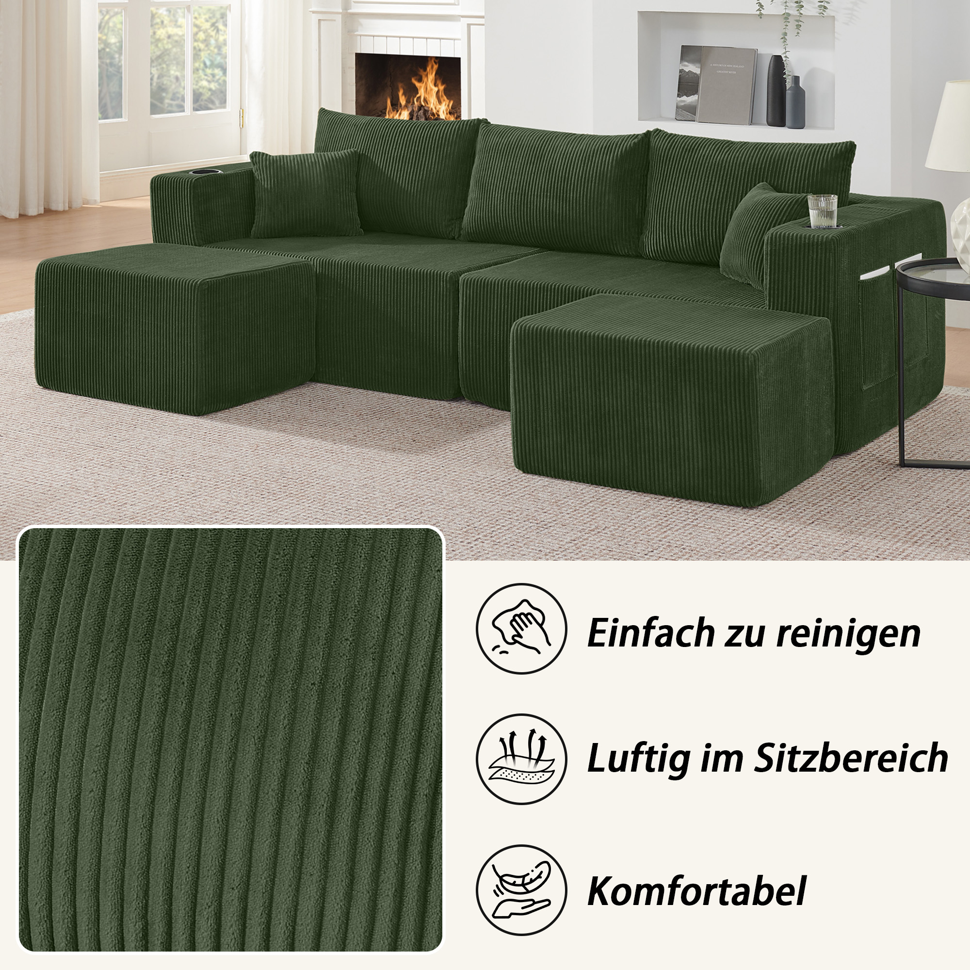Canapé d'angle modulable 3 places vert en tissu côtelé avec poufs mobiles, porte-gobelets intégrés et poches de rangement latérales pour salon moderne