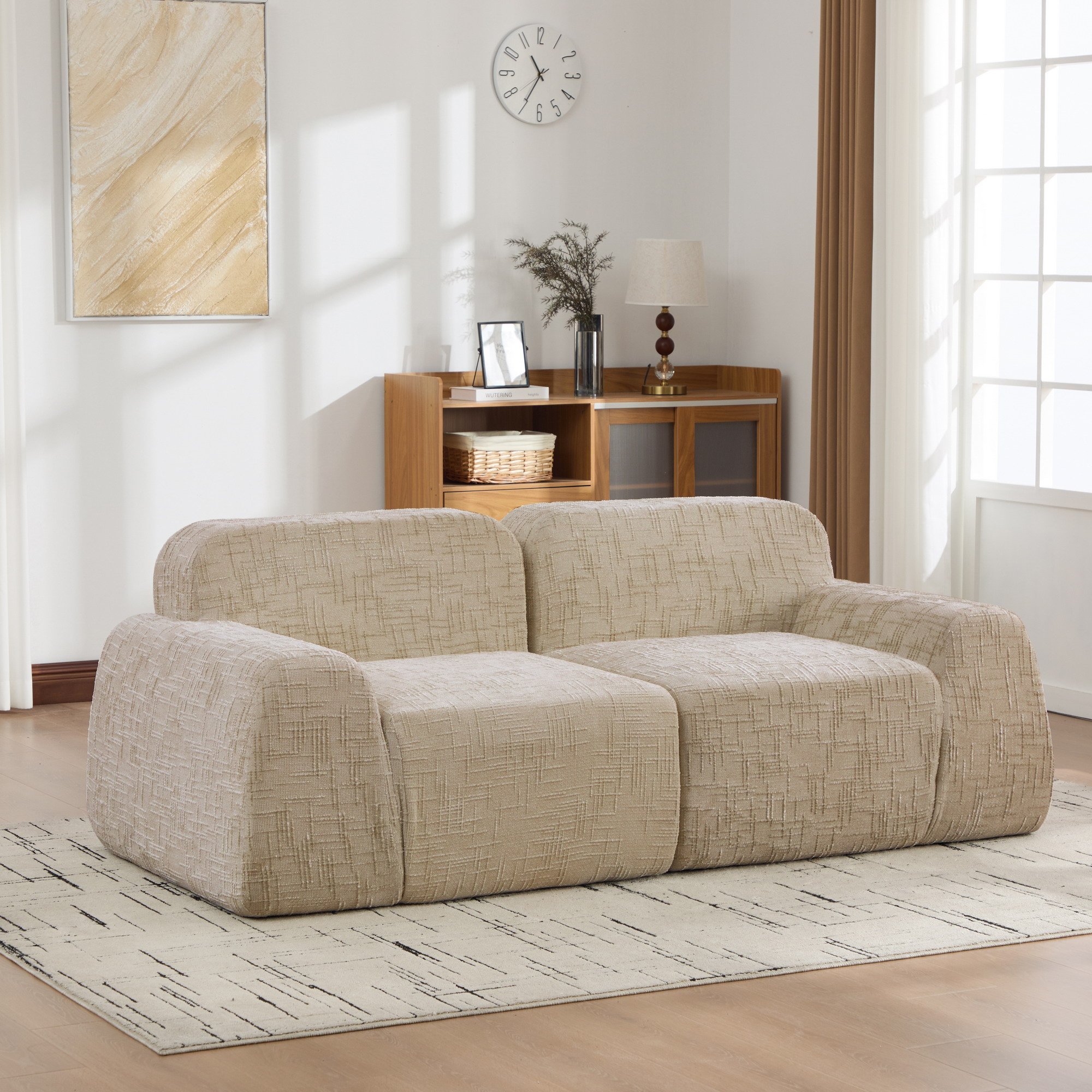 Canapé modulable Chenille 198x90,5 cm, Compressé Sans Montage, Coussin Mousse Haute Résilience, Couleur Beige Clair Pour Salon Moderne