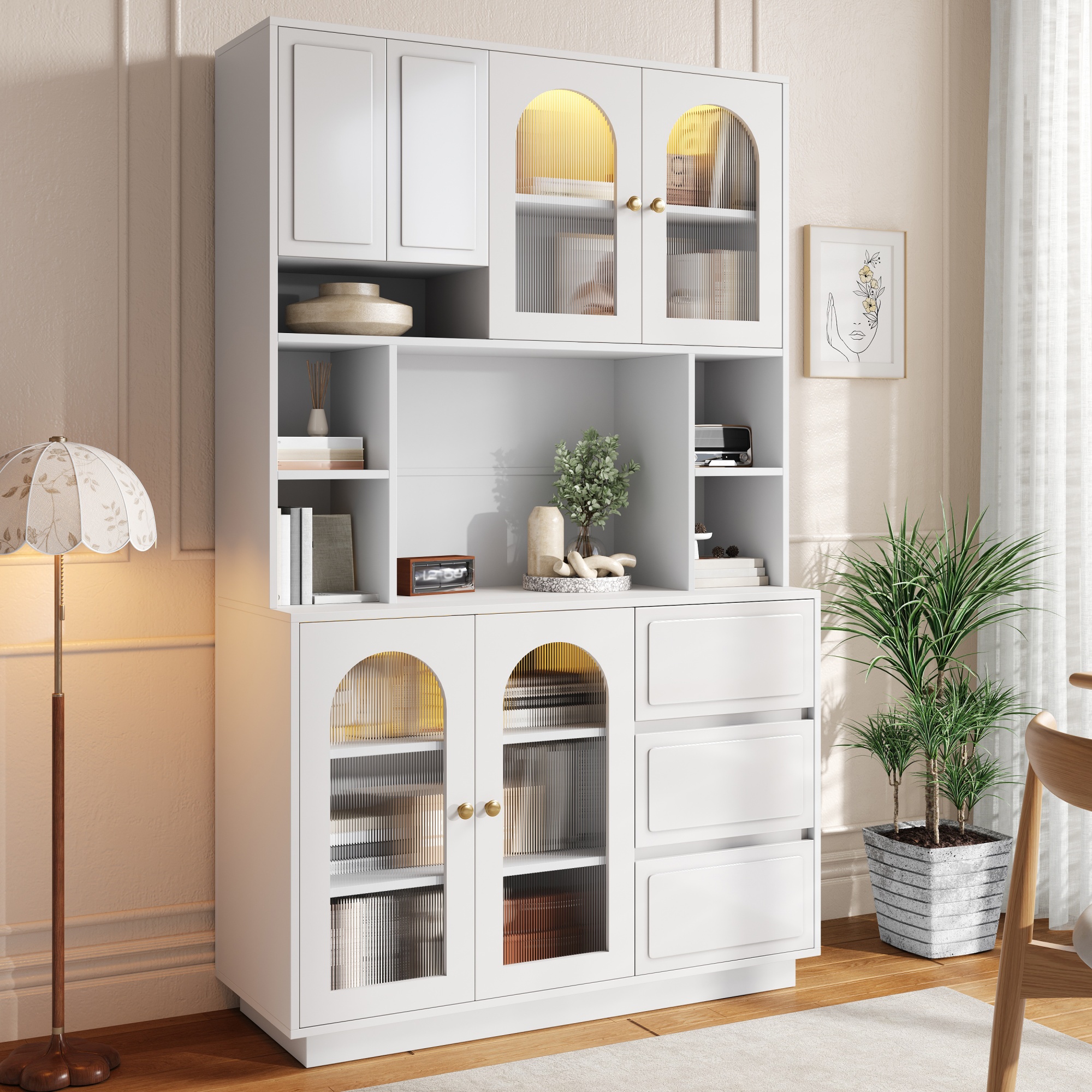 Buffet Rangement 106x30x175 cm, Meuble Cuisine Haut avec Zone Bar Ouverte, LED Connectée et Rangements Multiples