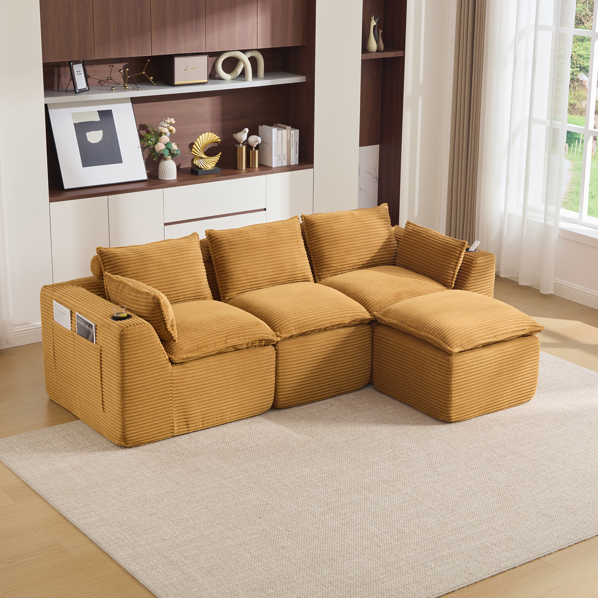 Canapé modulable 3 places avec pouf, porte-gobelets et 2 poches latérales pratiques pour le salon