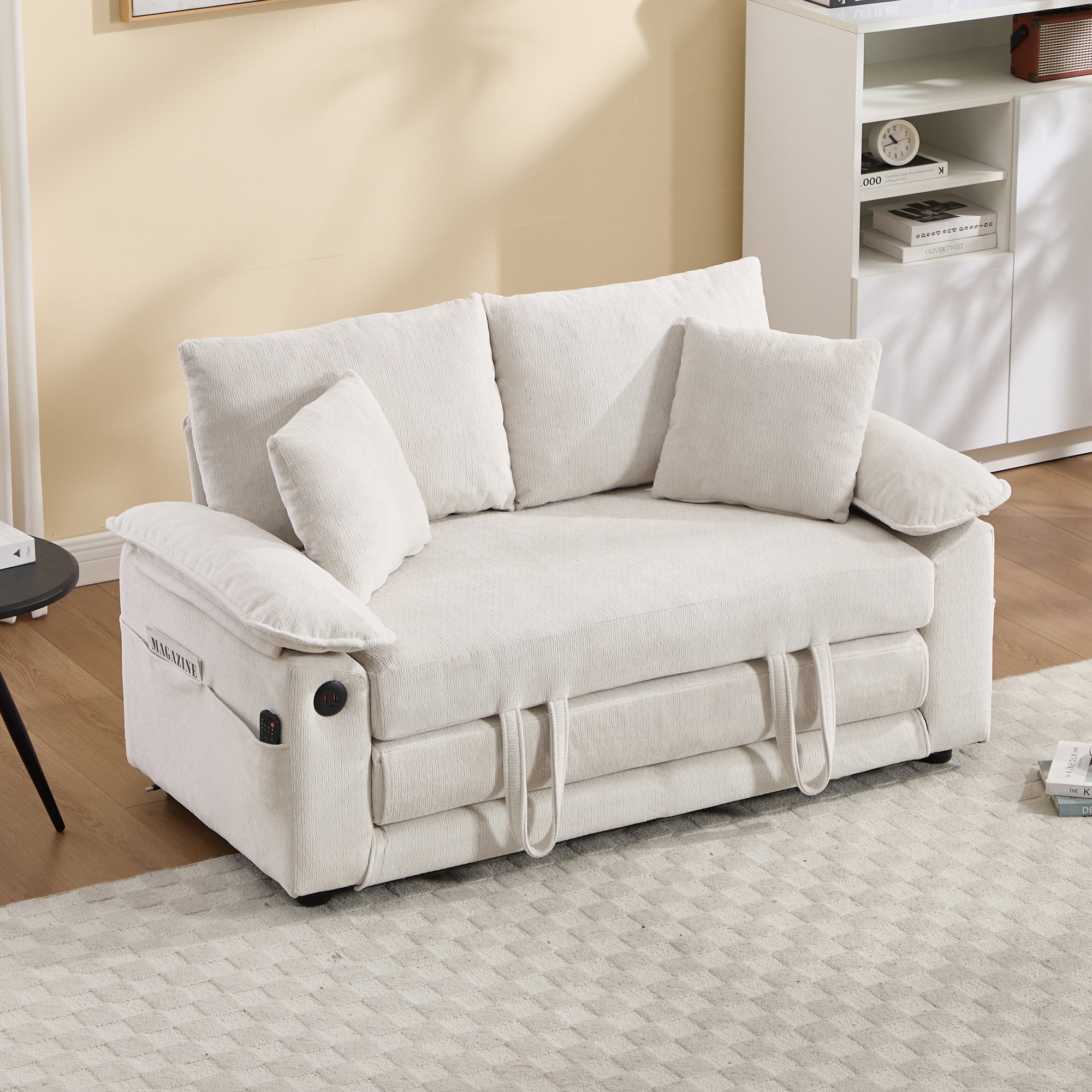 Canapé-lit futon convertible blanc en chenille 135x66x80 cm avec poches latérales et dossier inclinable pour salon