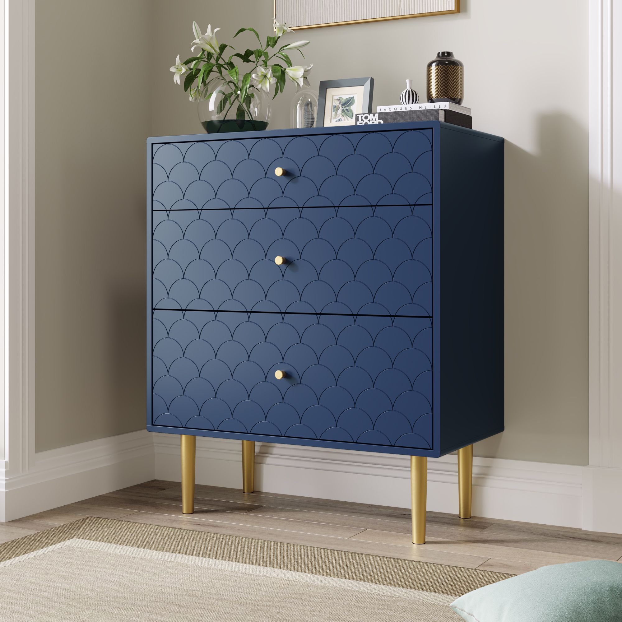Buffet Moderne 3 Tiroirs Bleu Marine, Meuble Haut 89cm avec Pieds Métal 20cm, Rangement Chambre Salon Montage Facile