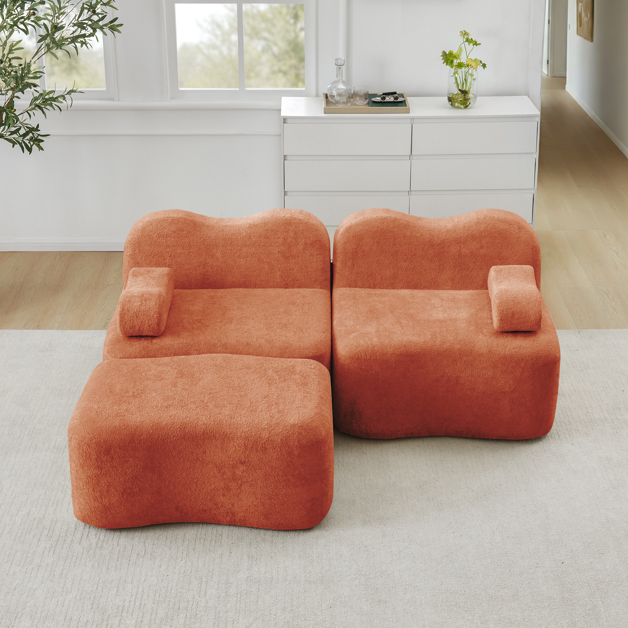 Canapé modulable 2 places en velours orange avec structure sans cadre et mousse haute résilience 32D, design contemporain