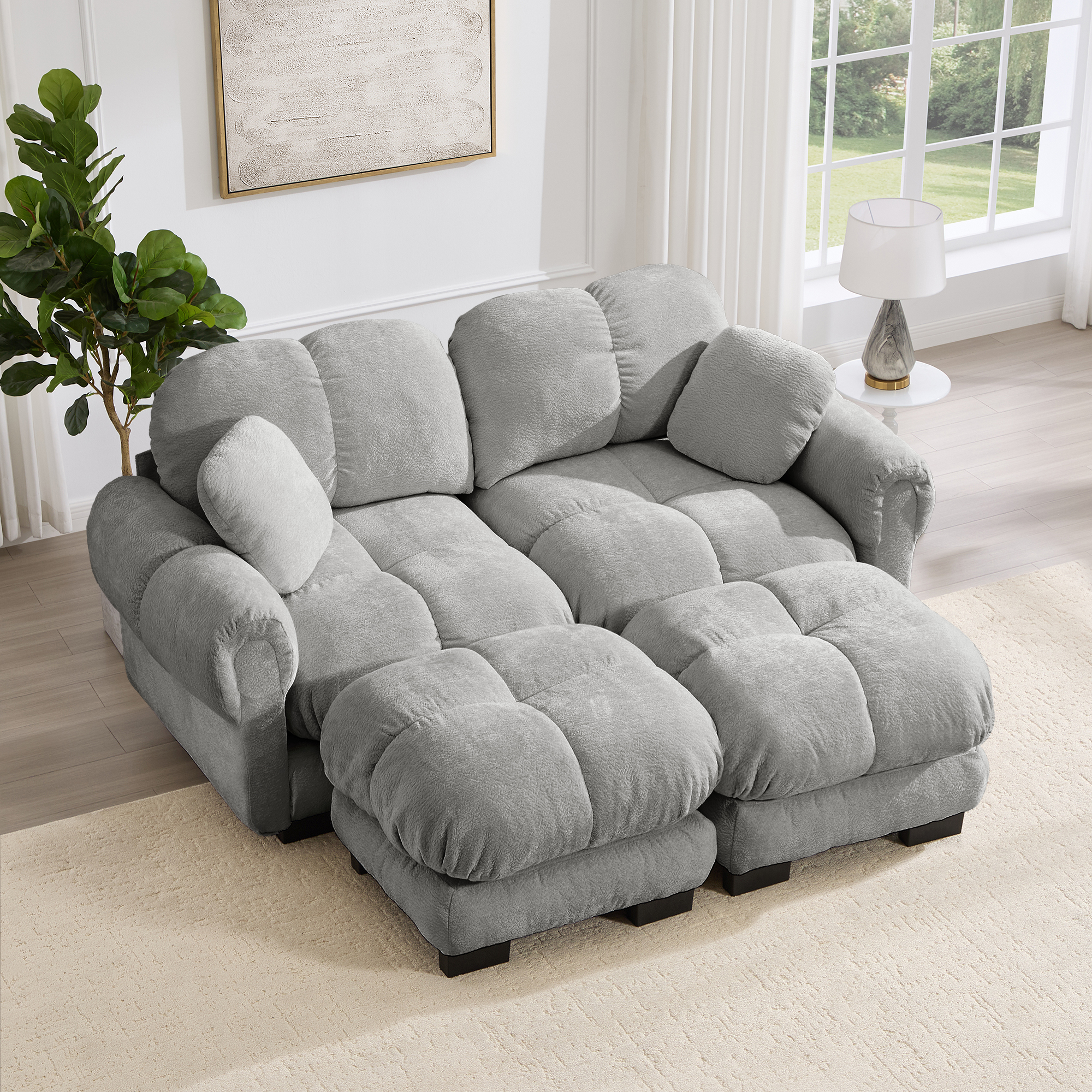 Canapé panoramique 2 places en U, revêtement en chenille gris clair, design capitonné élégant pour salon moderne