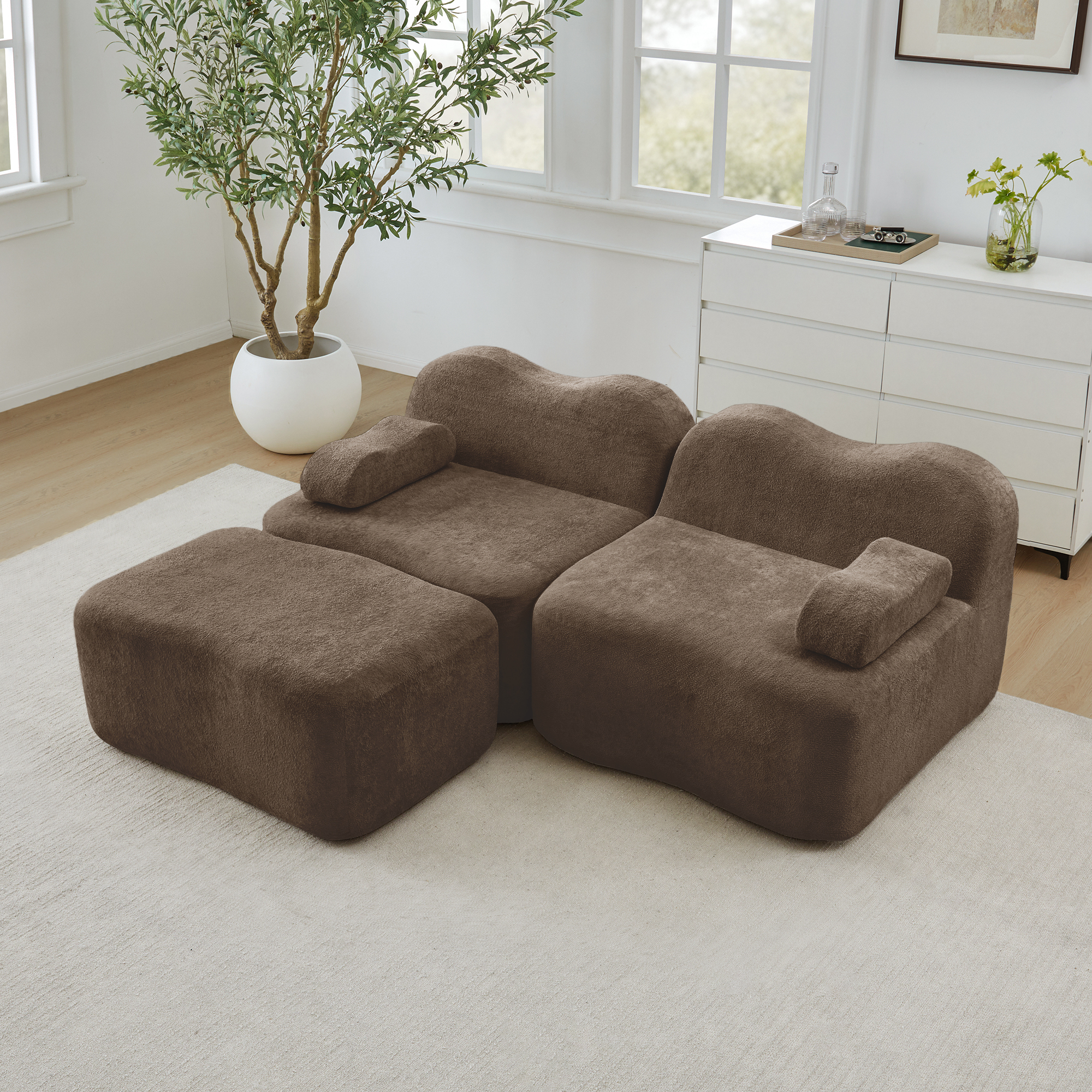 Canapé Modulable 2 Places En Velours Marron, Canapé D'angle Sans Dossier Avec Ottoman Et Rangement Intégré Pour Salon Moderne