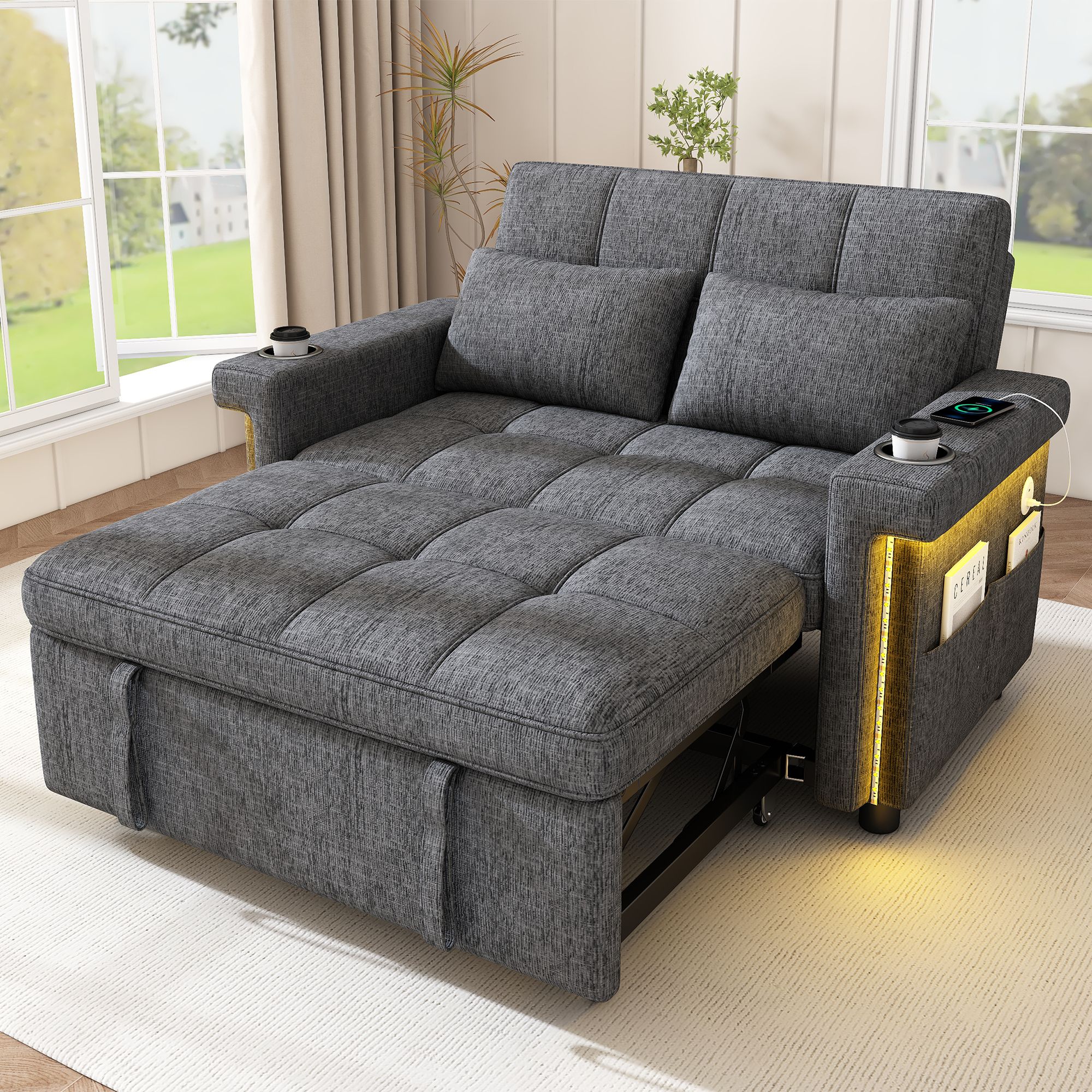 Canapé-lit convertible 2 places en tissu chenille gris avec LED, ports USB Type-C, dossier réglable 3 positions et coussins inclus pour salon moderne