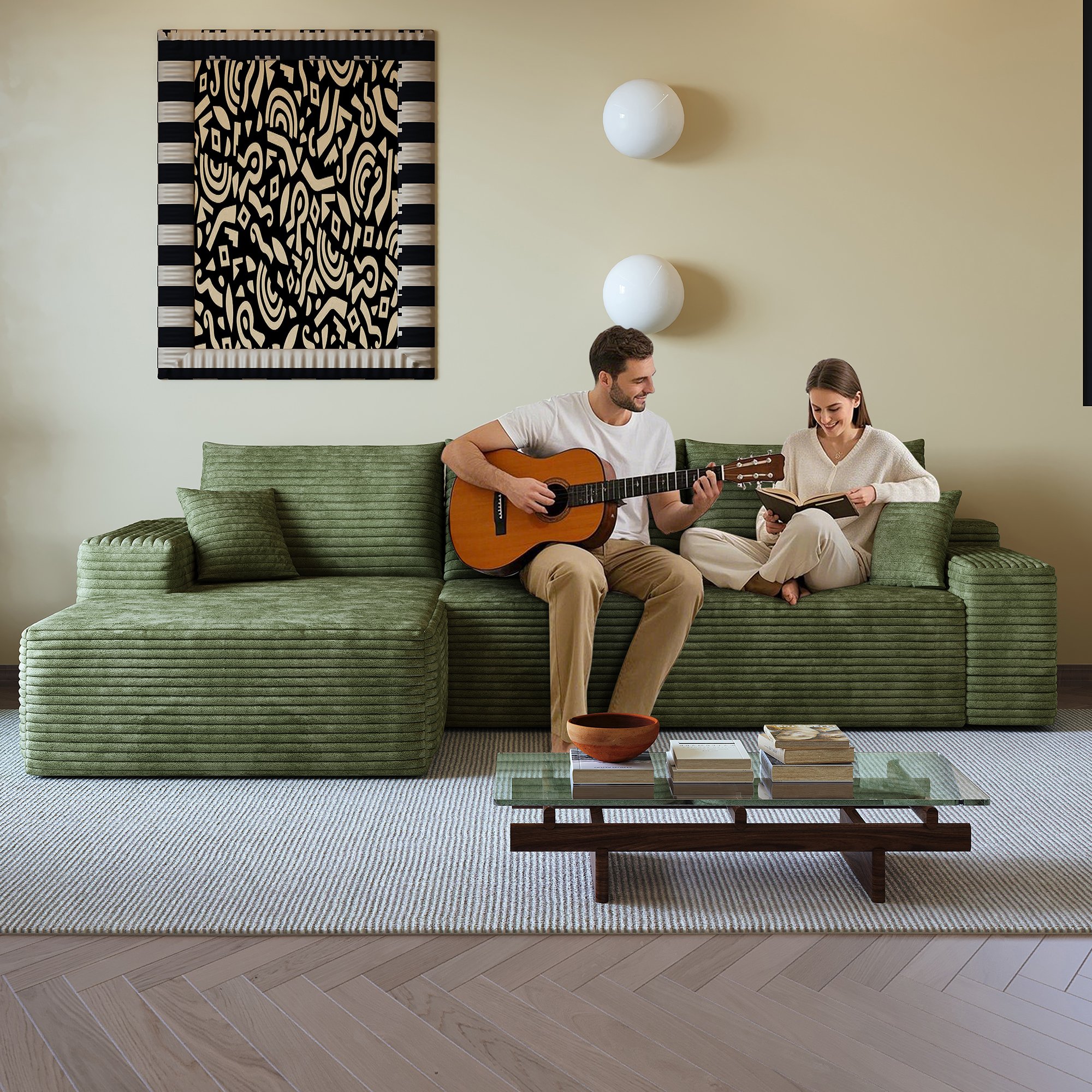Canapé d'angle 270x175cm vert en tissu côtelé, structure modulaire sans montage, coussins mousse haute élasticité pour salon moderne et appartement