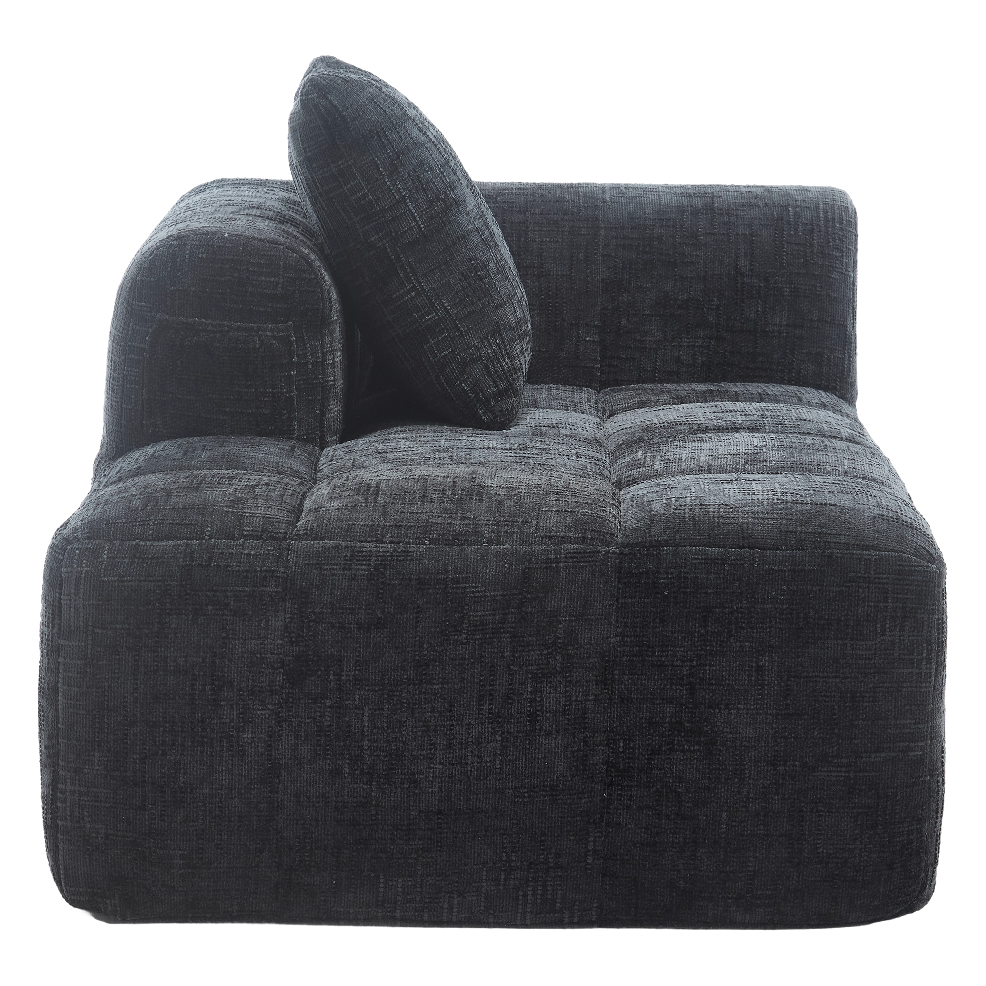 Canapé noir en chenille avec méridienne, coussin inclus et poches latérales pratiques pour salon