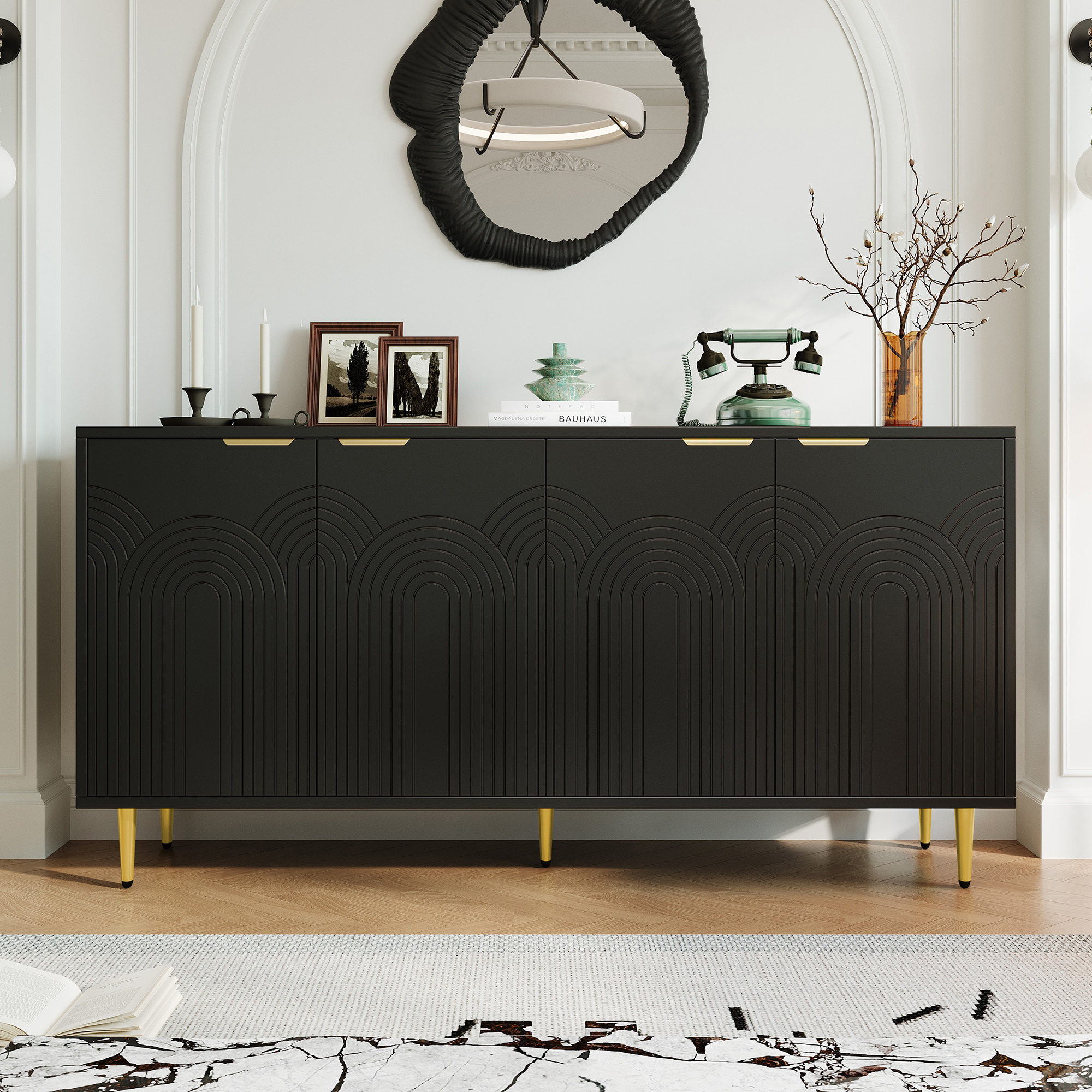Buffet Noir Design Contemporain 4 Portes Avec Charnières Silencieuses Et Poignées Brossées Or 160 Cm