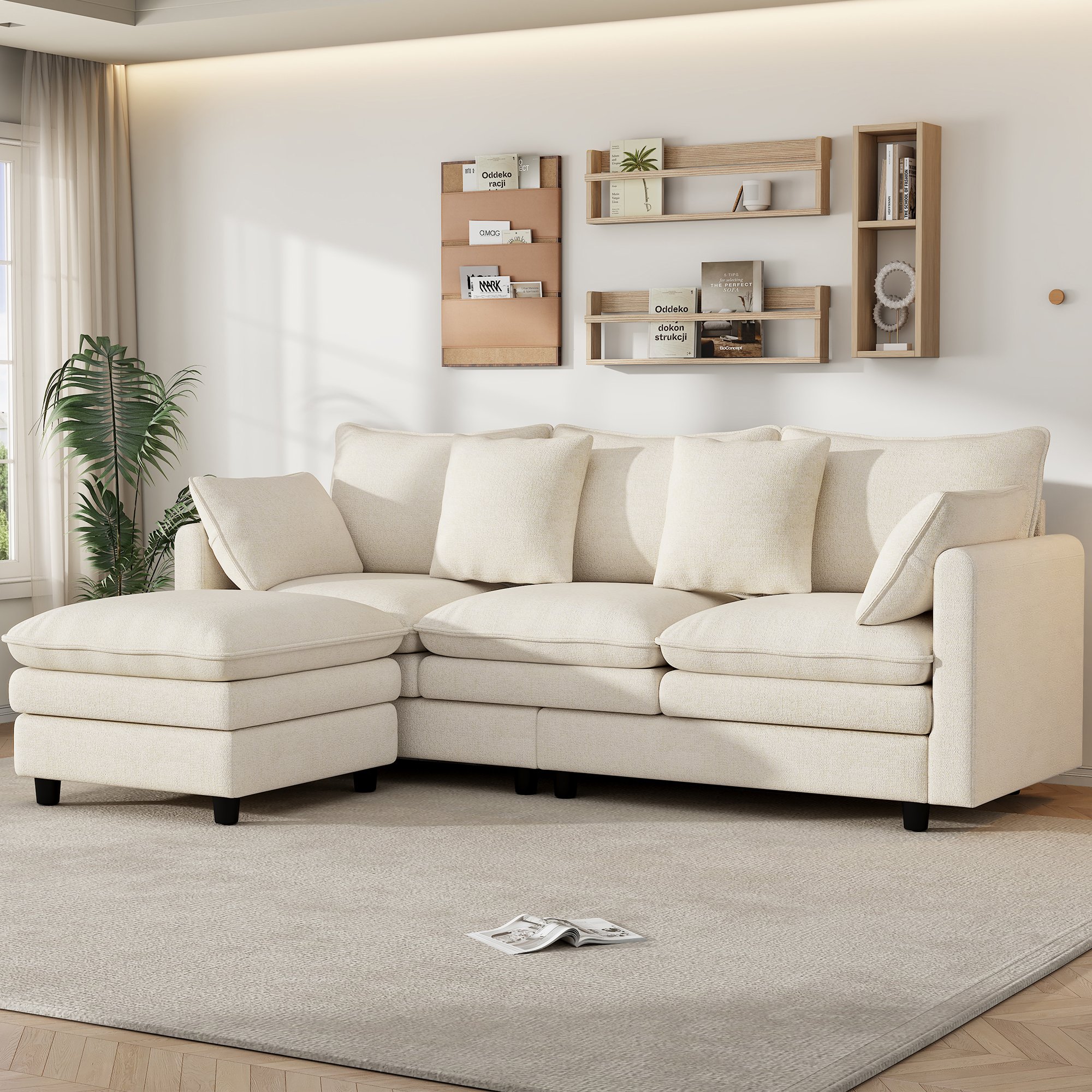 Canapé d'angle 3 places en chenille beige avec méridienne amovible, coussins décoratifs et structure stable pour salon moderne