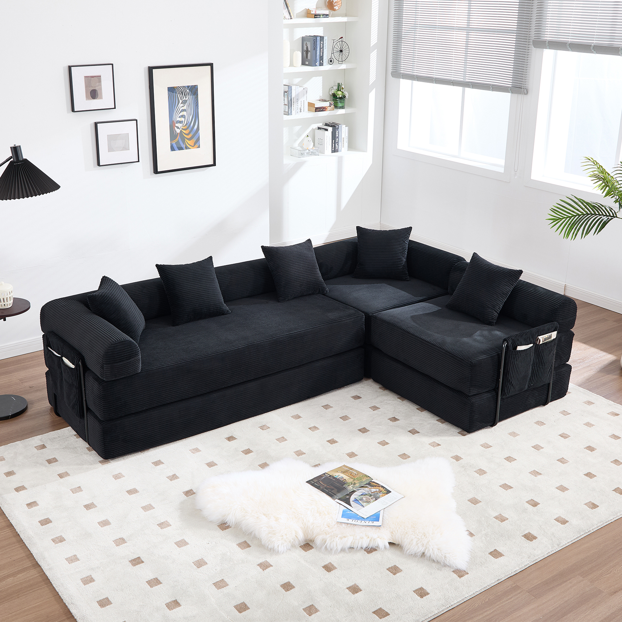 Lit avec rangement et tiroirs intégrés 270x180x64 cm en velours côtelé noir avec couchage modulable