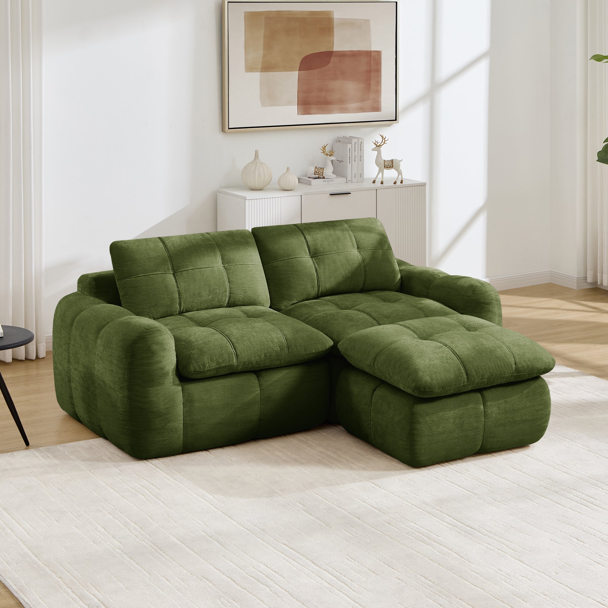 Canapé modulable structure sans cadre en tissu chenille vert, coussins mousse granulat, surface antidérapante