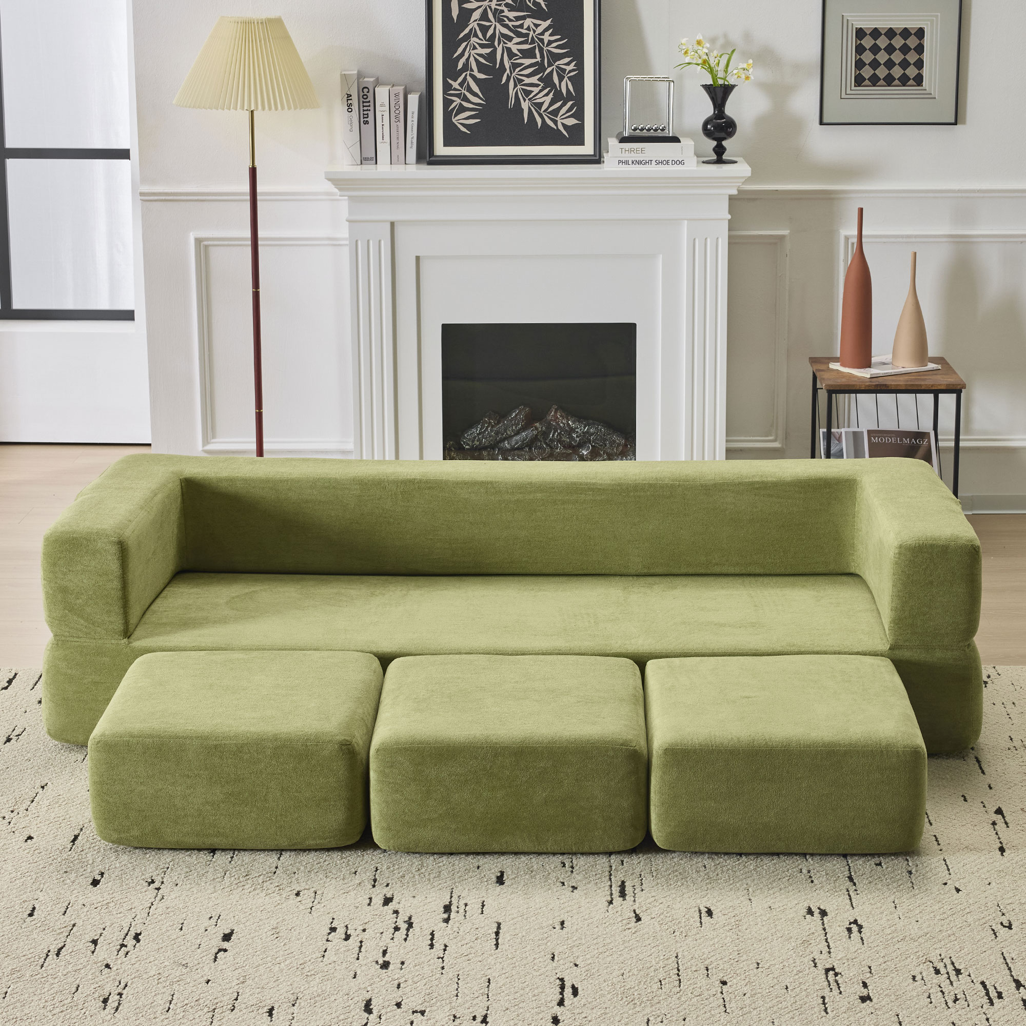 Canapé modulable chenille vert 201x75cm - Canapé lit multifonction avec housse amovible pour studio et bureau