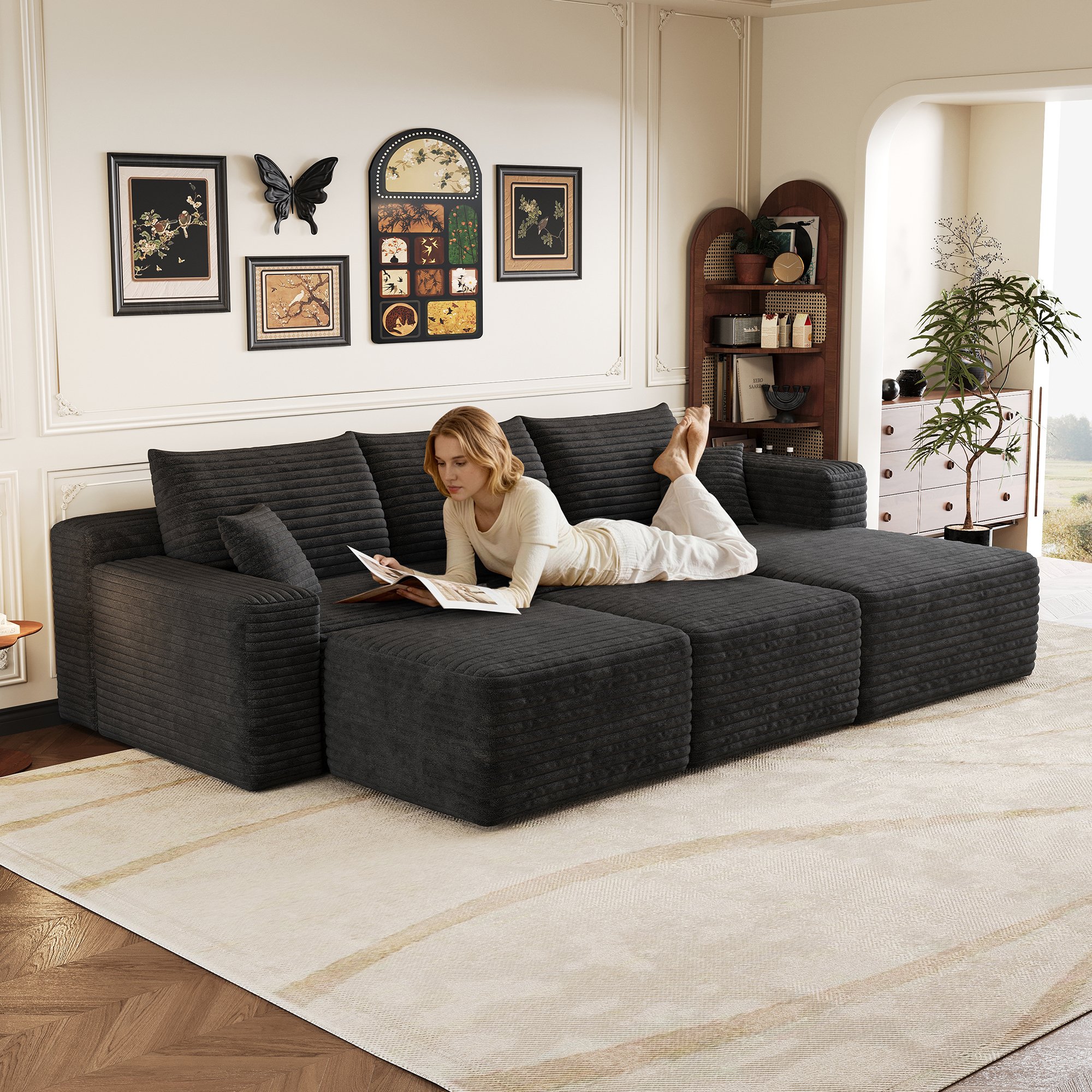 Canapé d'angle noir 241x151x58 cm, assise profonde avec coin, tissu corduroy rayé, poids 46,1 kg, installation immédiate sans outils