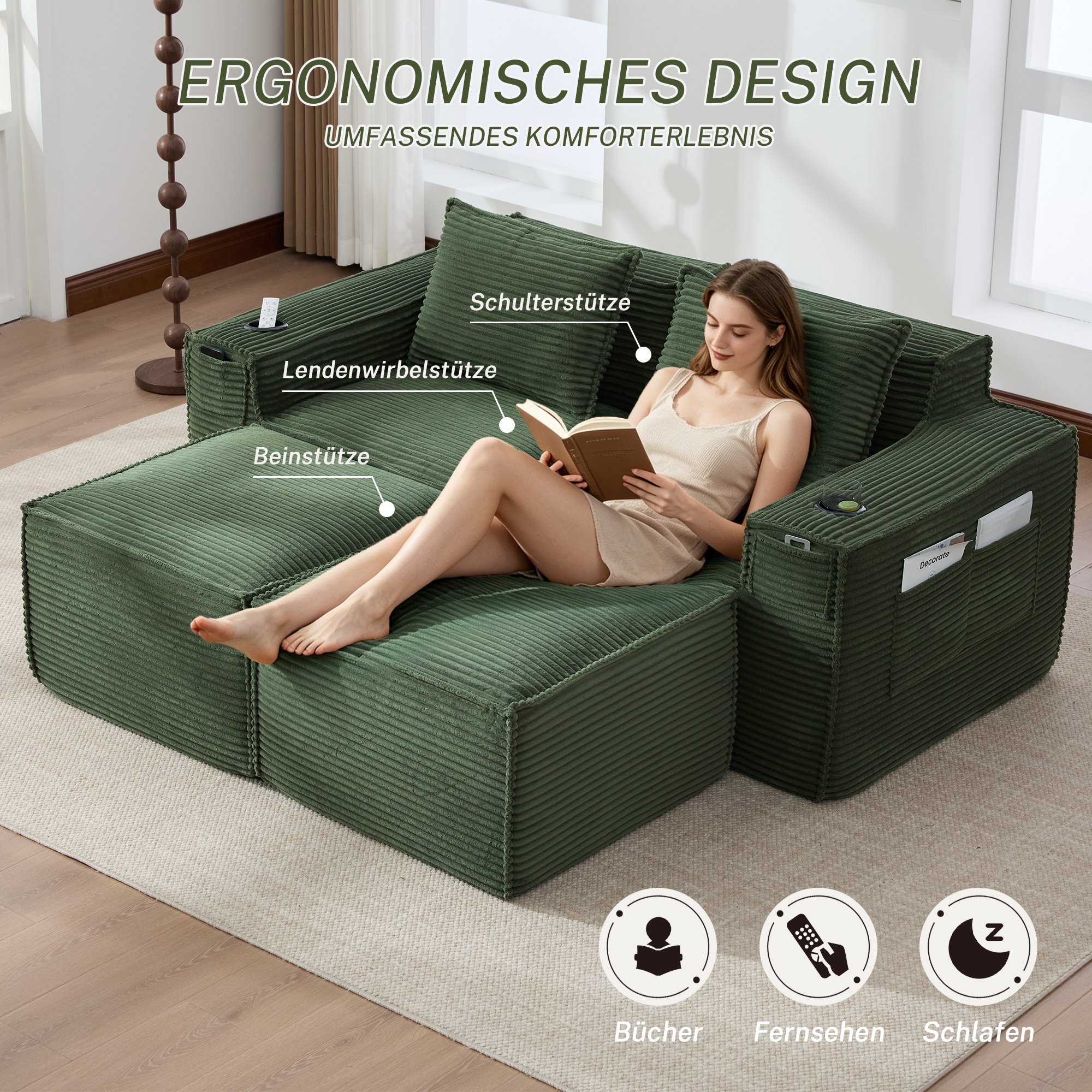 Canapé 2 places modulable vert en velours côtelé avec 2 poufs, porte-gobelets intégrés, poches latérales et coussins dorsaux fermes pour salon