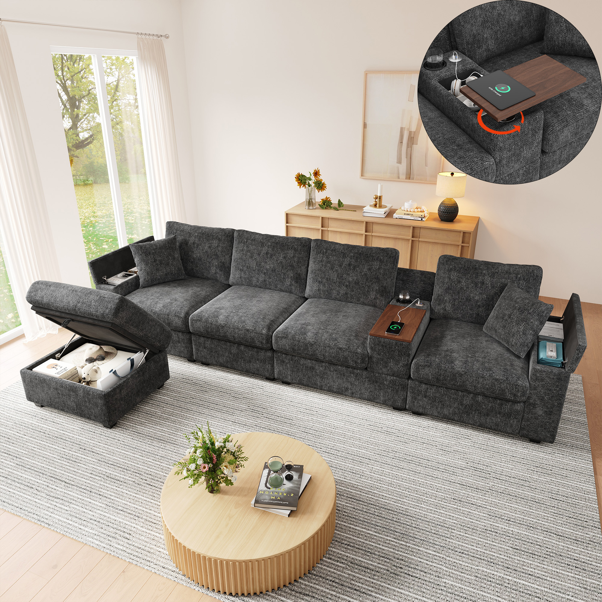 Canapé d'angle 5 places avec coffre, ports USB et Type-C, porte-gobelets et table basse pivotante