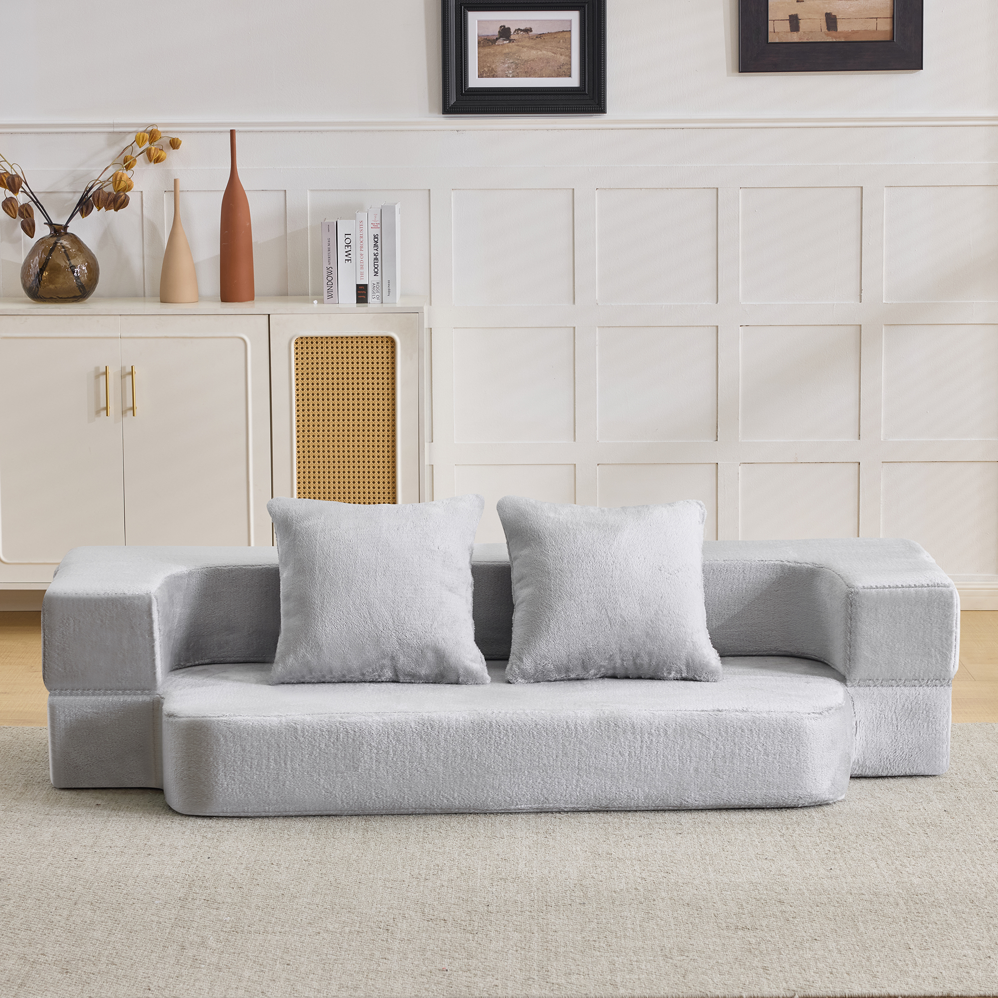 Canapé Droit 2 Places Tissu Gris Clair Rembourrage Mousse Haute Densité Structure Robuste Design Contemporain Salon Moderne
