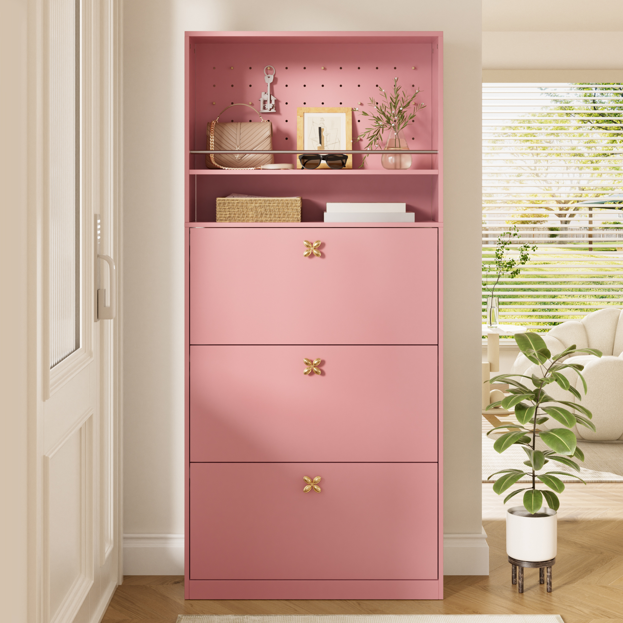 Meuble à chaussures étroit rose avec portes pliantes et porte-clés perforée, Idéal entrée appartement, 80x24x178 cm