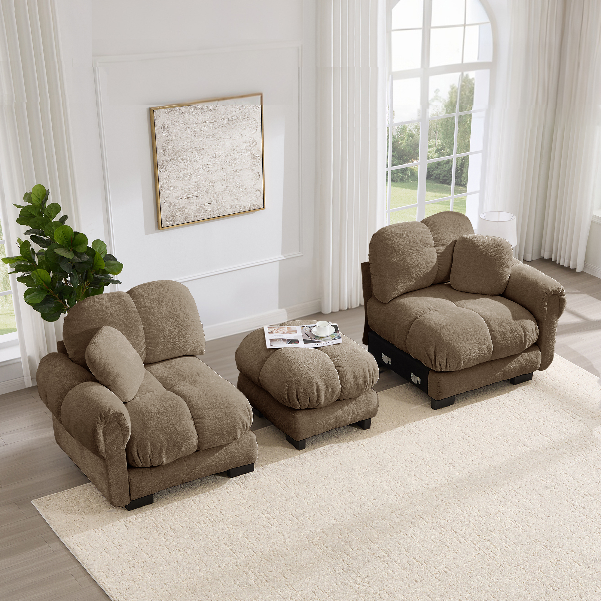 Canapé d'angle modulable 2 places en tissu Chenille marron, design matelassé avec ottomane mobile pour salon