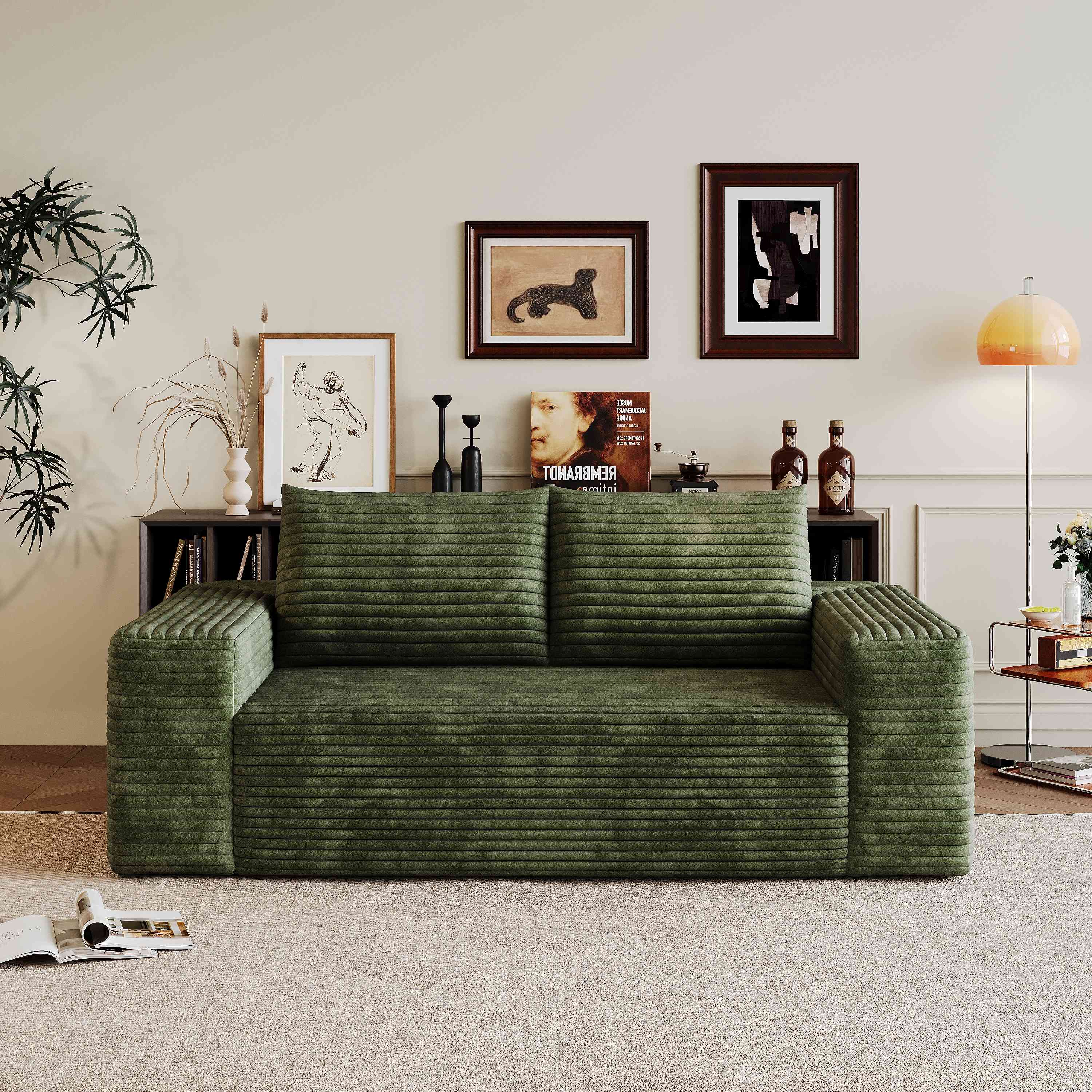 Canapé droit 180x90 cm en tissu velours côtelé vert, rembourrage mousse haute élasticité, sans montage requis pour salon ou chambre