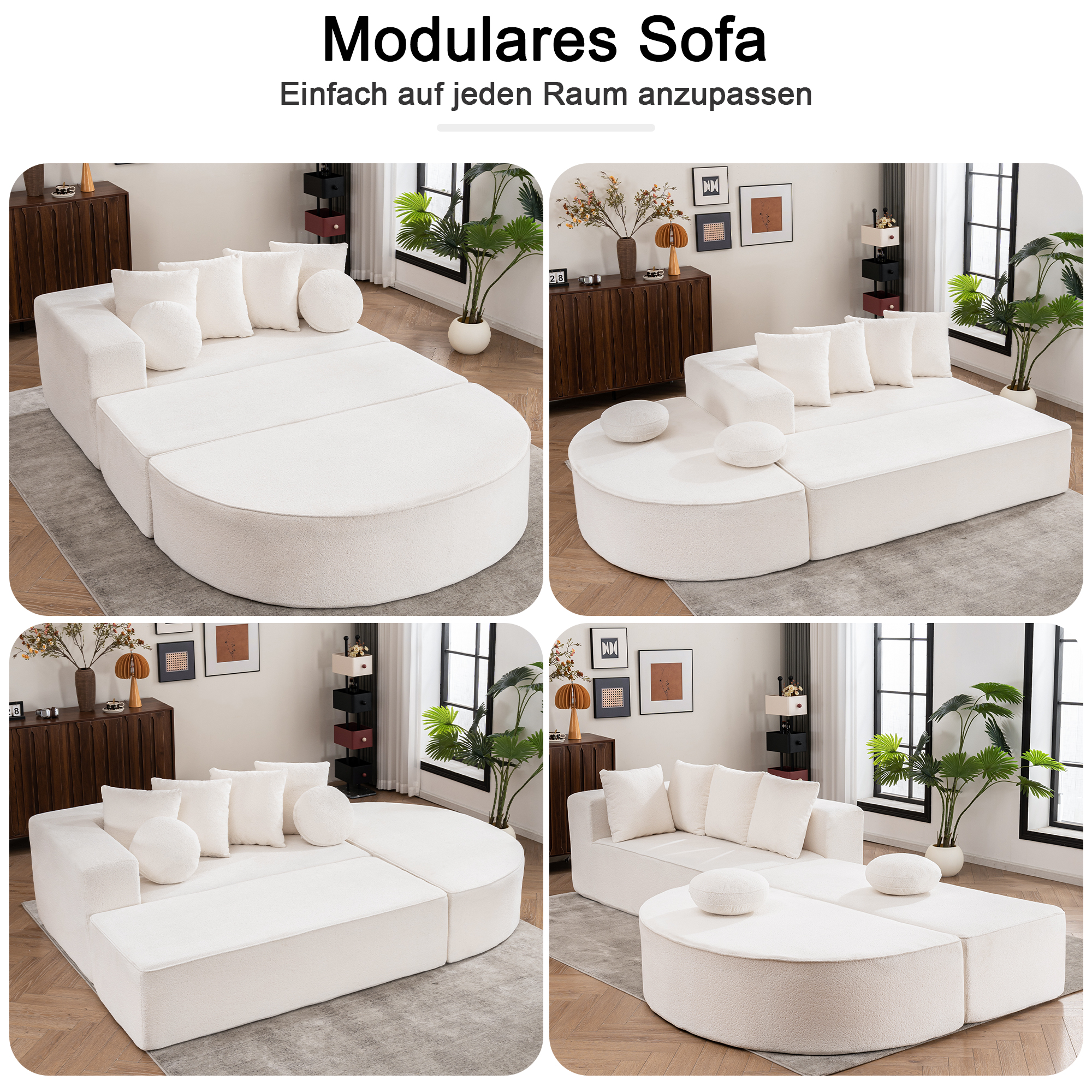 Canapé Modulable en Tissu Chenille Blanc, Structure Mousse Haute Densité Segmentée, Design Moderne 263x171cm Avec Rangements