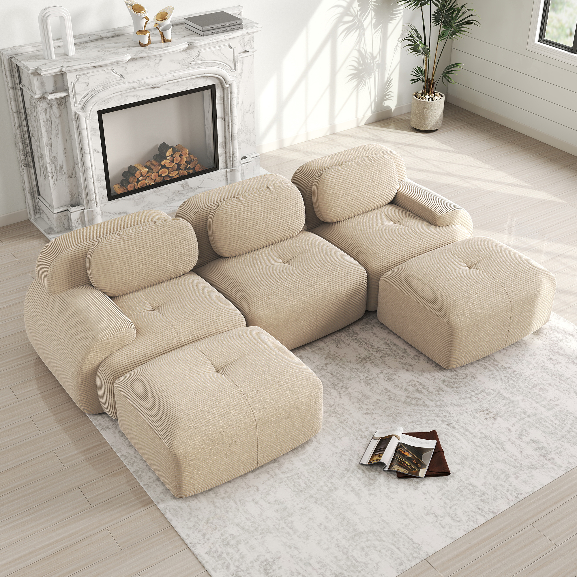 Canapé d'angle en velours côtelé beige, mousse 32D, structure sans cadre et accoudoirs extra-larges
