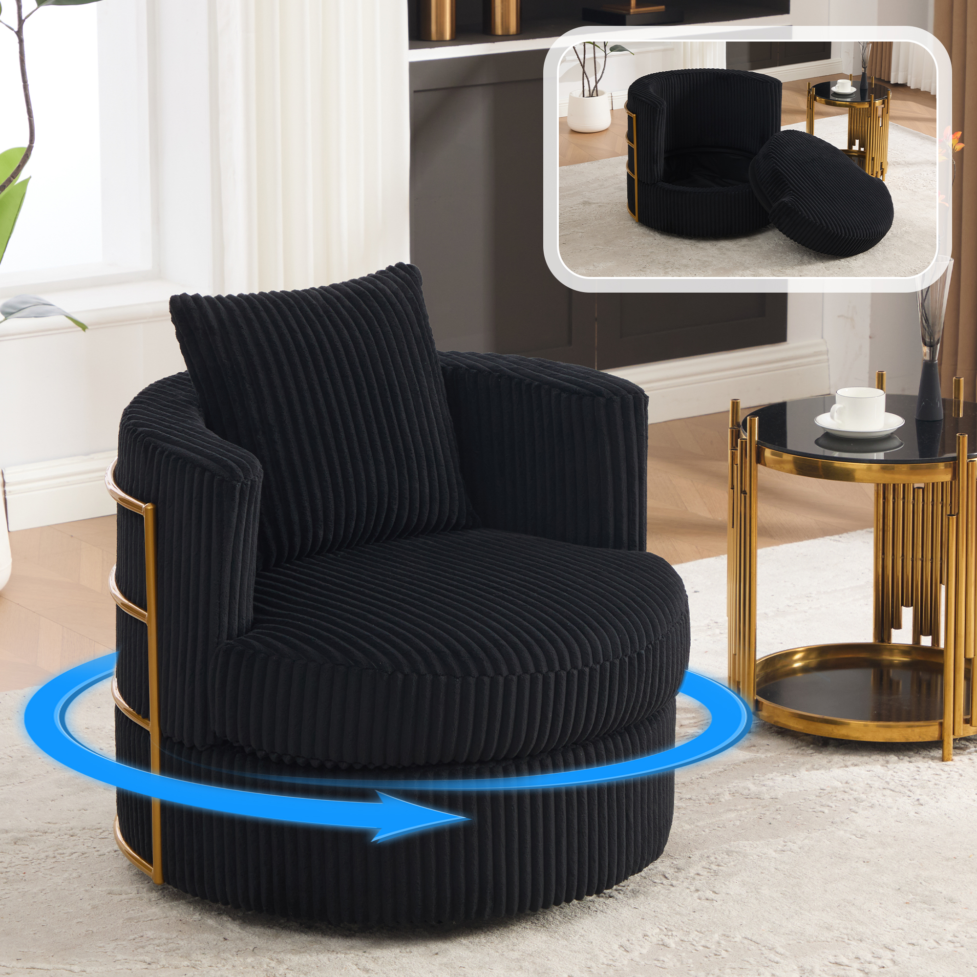 Canapé fauteuil pivotant 360° en cord noir pour chambre et salon avec coffre intégré et mousse haute densité