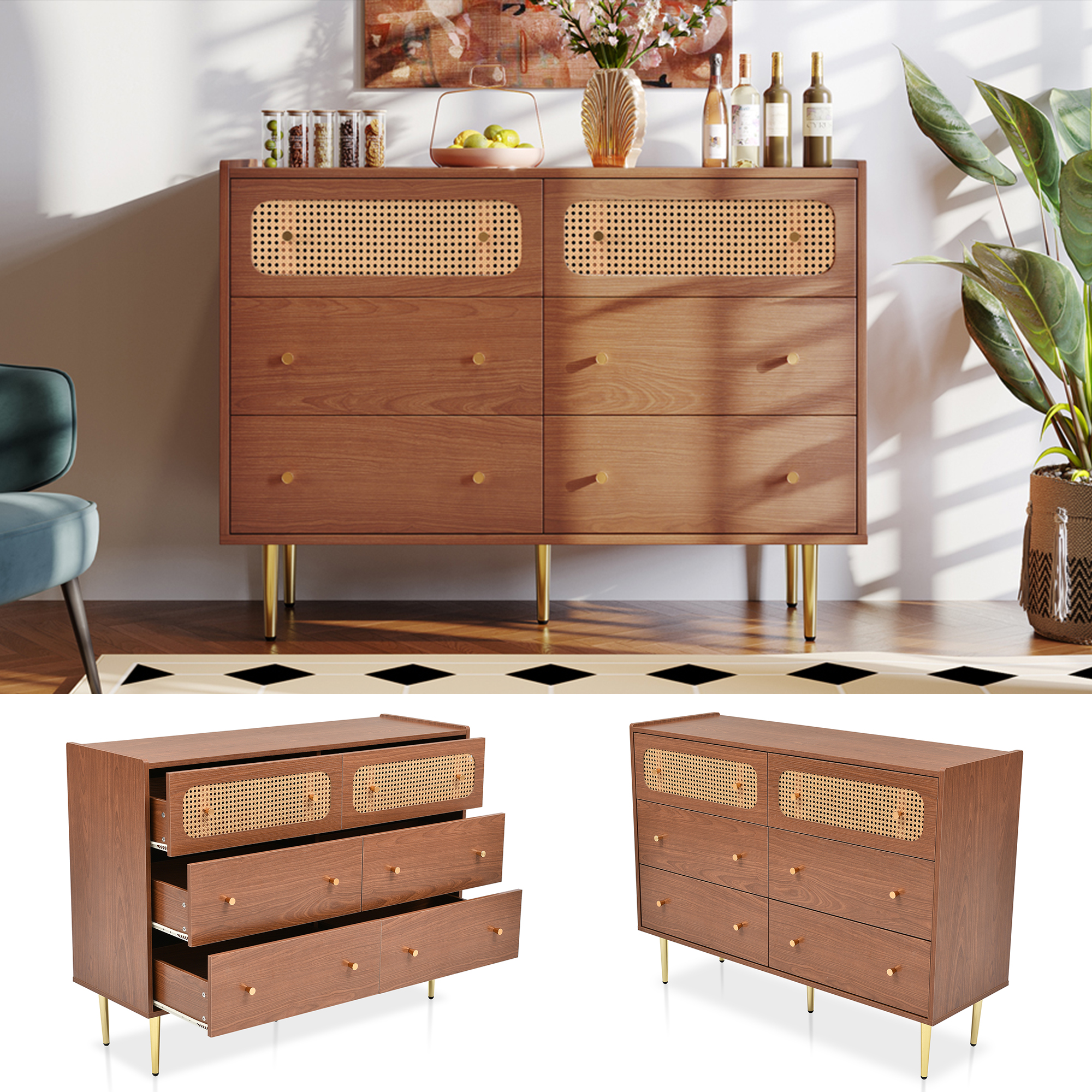 Buffet 6 Tiroirs 120x40x90 cm Meuble de Rangement avec Couvercles Rotan et Poignées Dorées pour Chambre et Salon