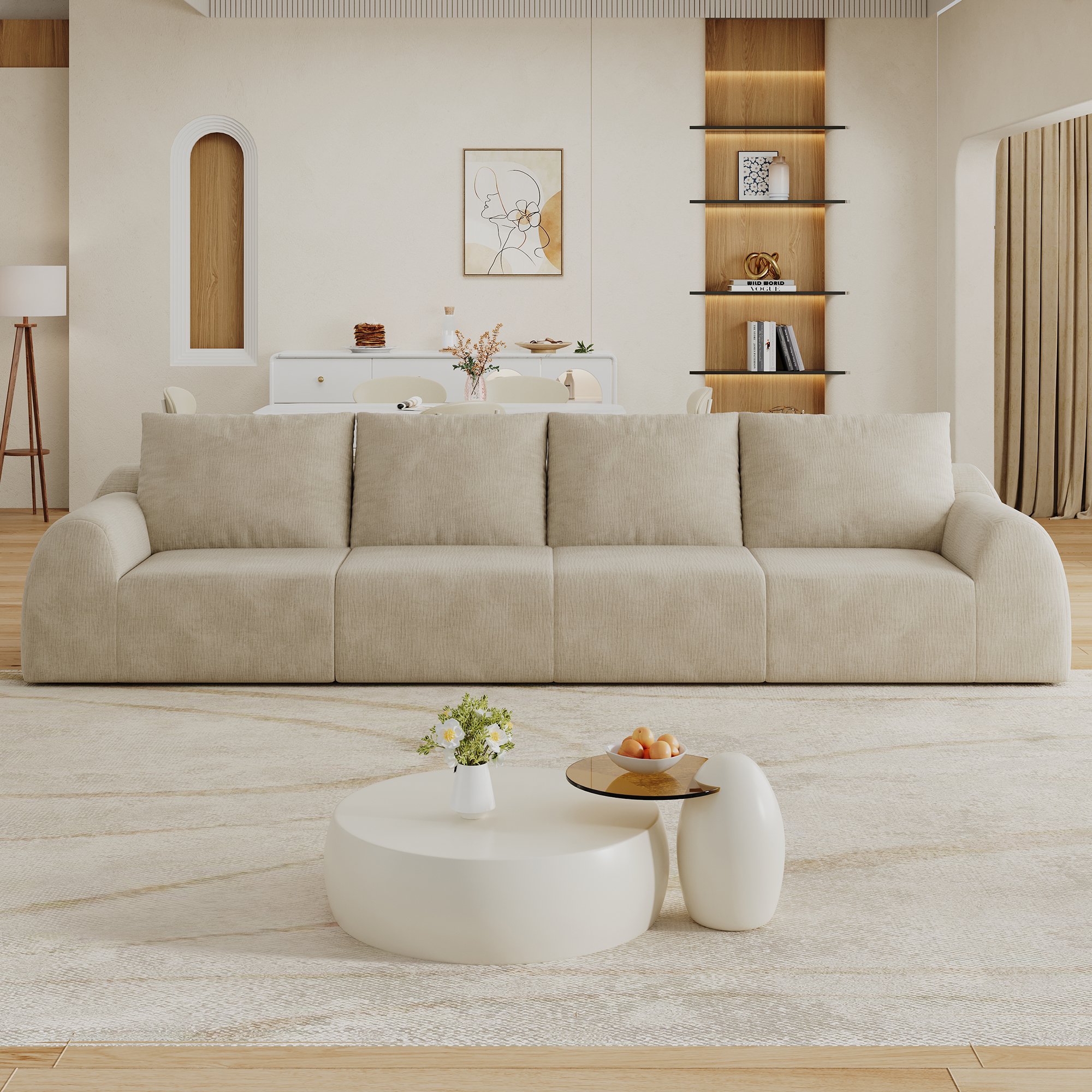 Canapé droit 324x95cm en tissu chenille kaki rembourré mousse haute élasticité sans montage pour salon et chambre