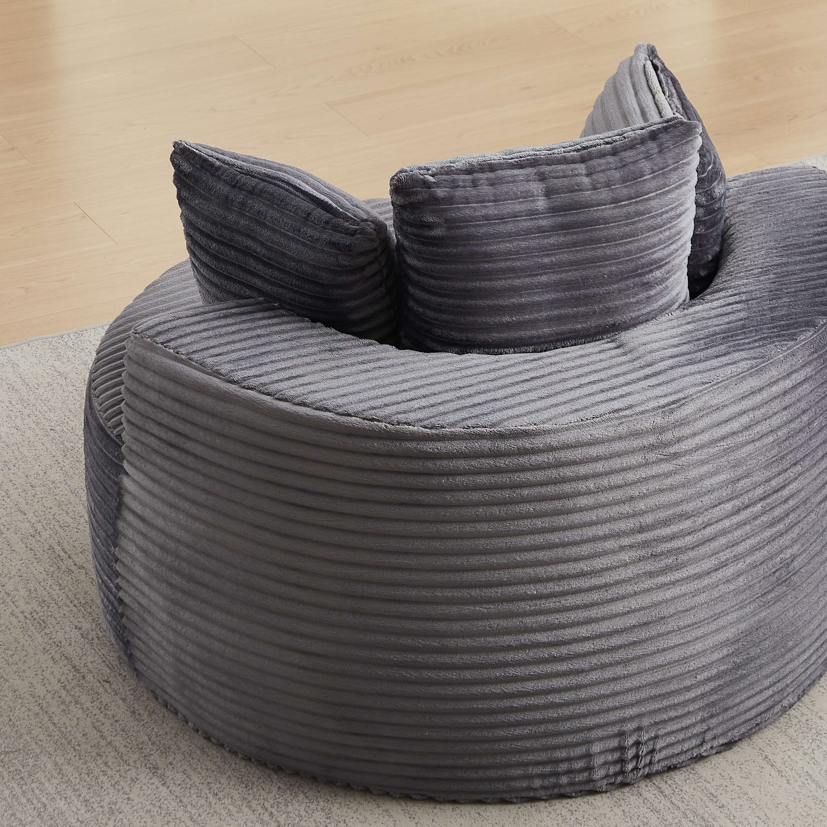 Fauteuil rond diamètre 110 cm, siège individuel 1 place, poids 16,3 kg, livré compacté avec 3 coussins décoratifs inclus