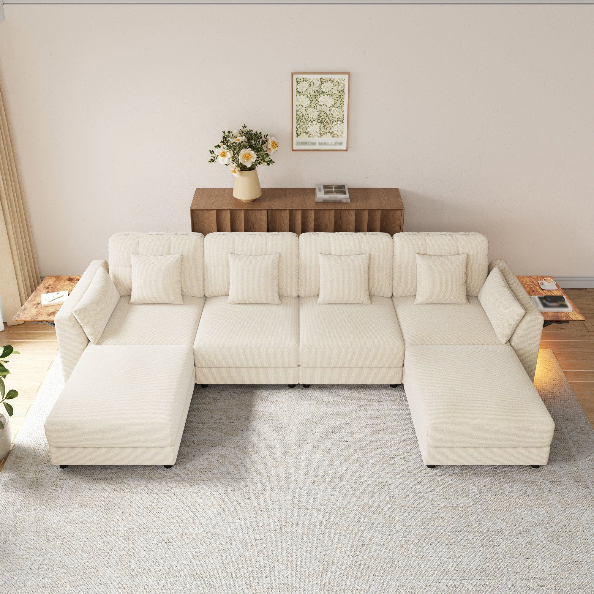 Canapé d'angle modulable en chenille beige, format U/L avec 2 poufs, LED Bluetooth et tables rabattables, dimensions 292x135x82 cm pour 6 personnes