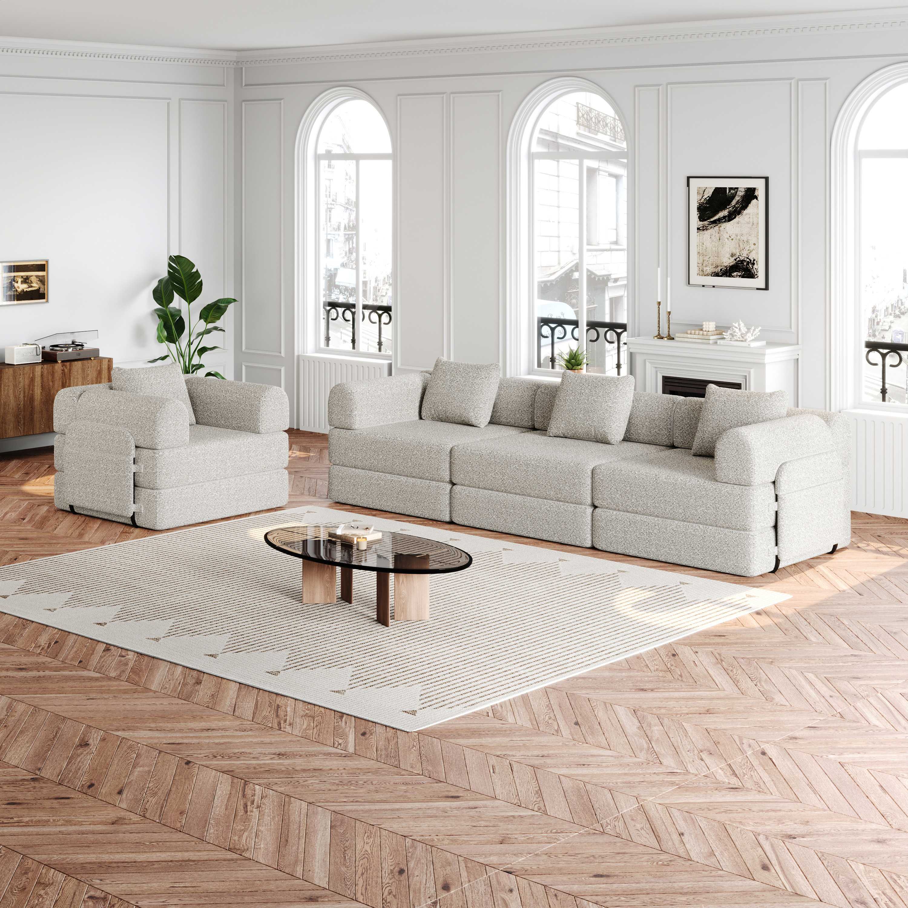 Canapé-lit 2-en-1 en tissu chenille khaki avec rangement dans l'accoudoir, cadre métallique robuste et configuration modulaire pour petit espace