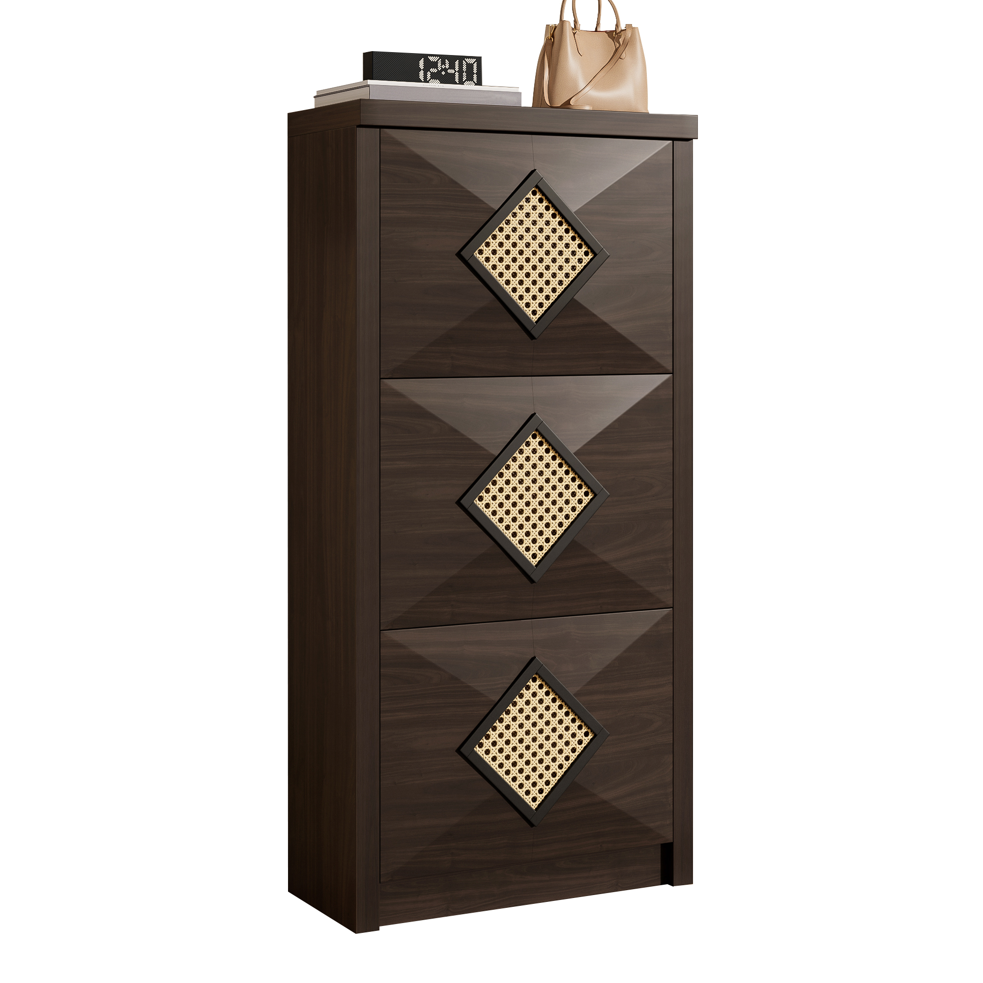 Meuble à chaussures vintage 54x25x115 cm, placard rangement avec portes abattantes, design rétro bois foncé