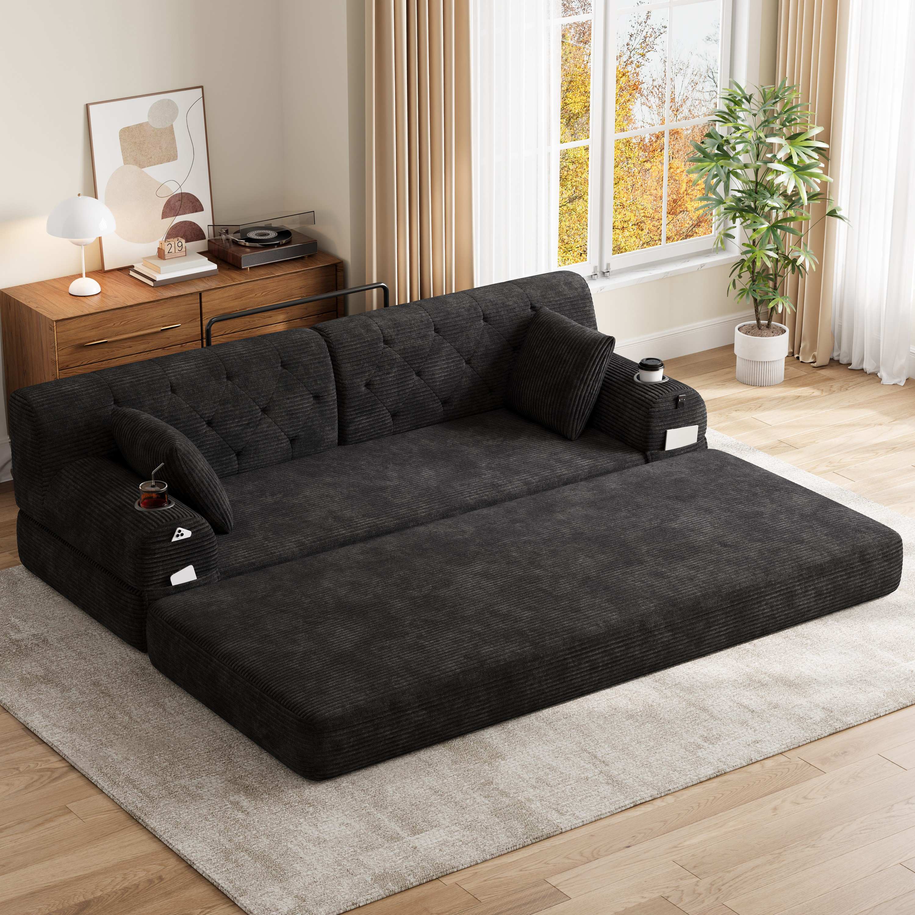 Canapé-lit corduroy noir avec cadre en métal, rembourrage mousse haute densité, design capitonné, 208x80x81 cm, prêt à l'emploi