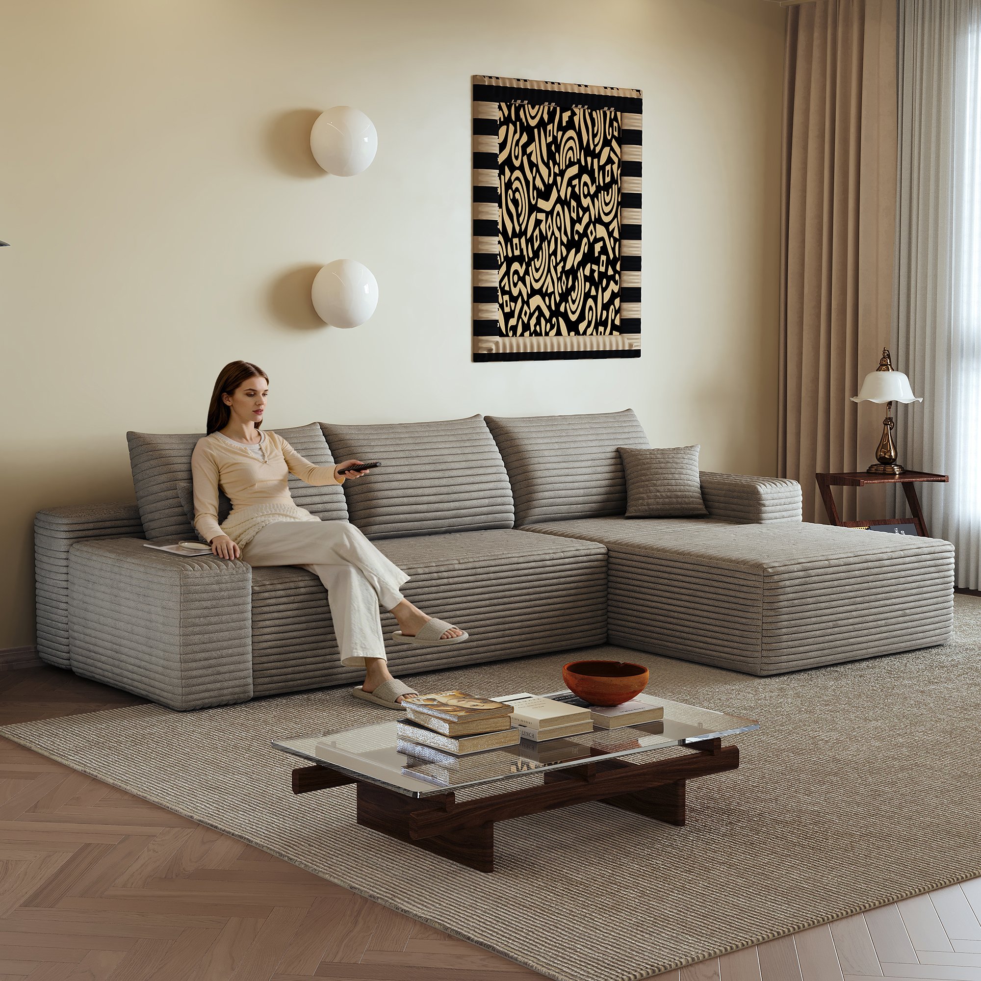 Canapé d'angle 270x175 cm en tissu côtelé Camel, structure modulaire sans montage, assise profonde et confortable pour le salon moderne.