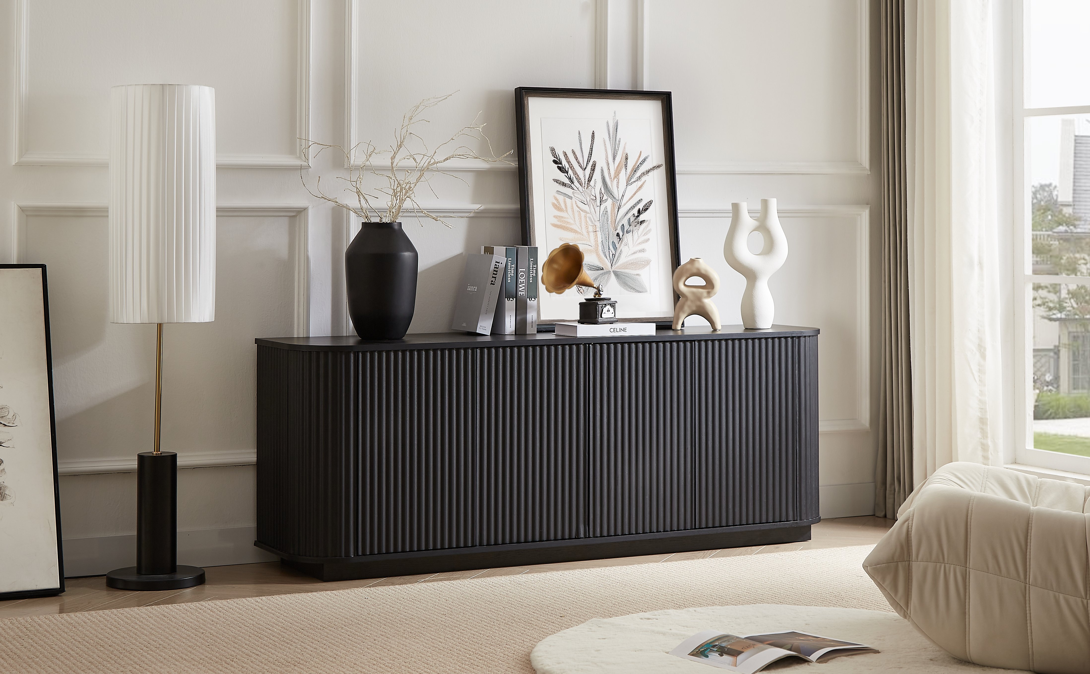 Meuble TV Panneau composite de fibres de bois à densité Noir 162x38x61 cm, Structure Solide avec Pieds Réglables, Design Ondulé à 4 Portes Sans Poignées pour Salon