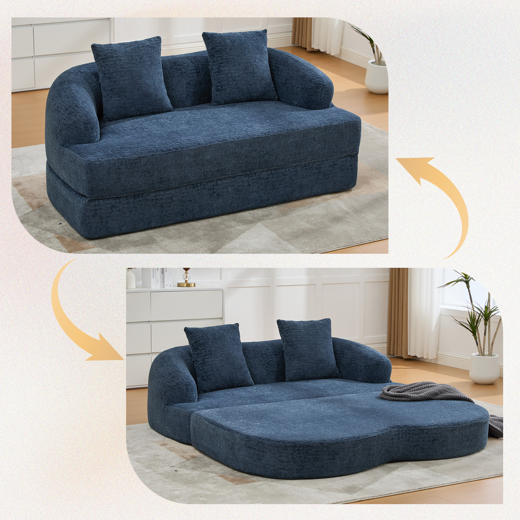 Canapé-lit 2 places bleu marine en chenille avec deux coussins et rangement intégré pour petit salon